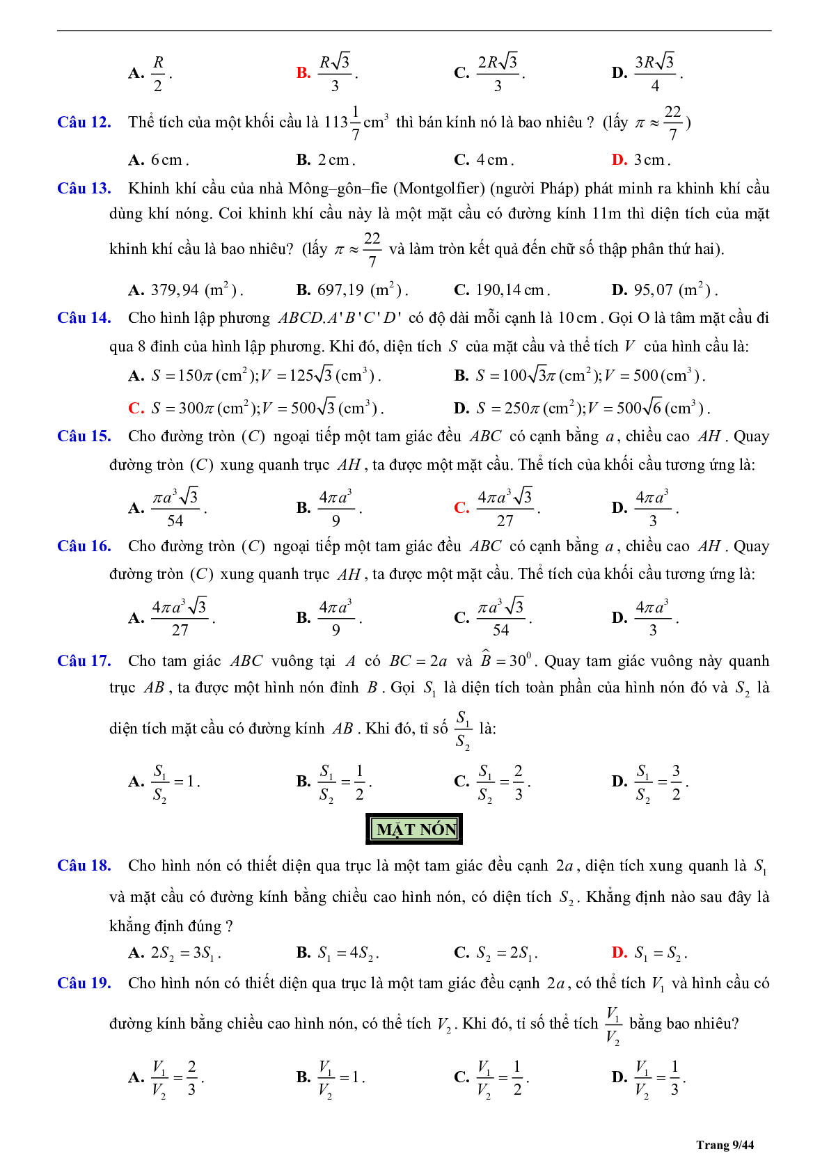 Tóm tắt lý thuyết và bài tập trắc nghiệm về mặt cầu - mặt nón - mặt trụ có đáp án (trang 9)