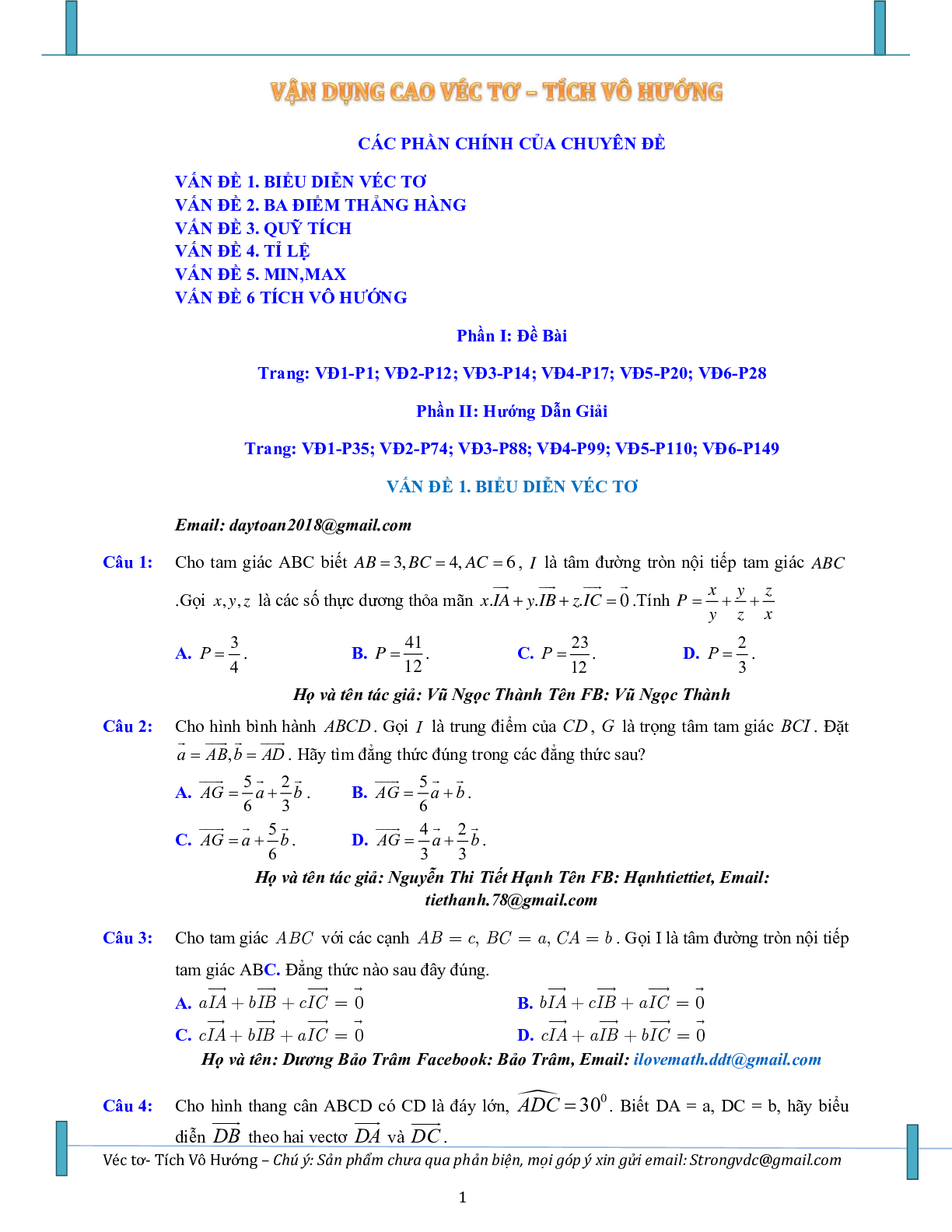 Bài tập vận dụng cao vectơ, tích vô hướng của hai vectơ và ứng dụng (trang 1)