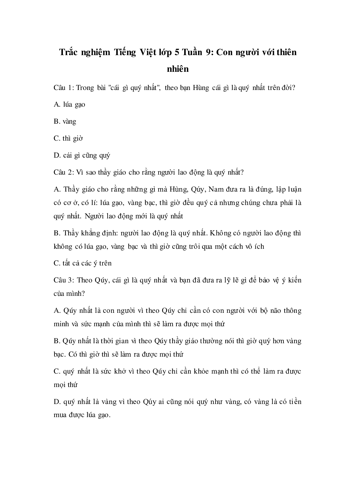 Trắc nghiệm Tiếng Việt lớp 5: Tuần 9 có đáp án (trang 1)