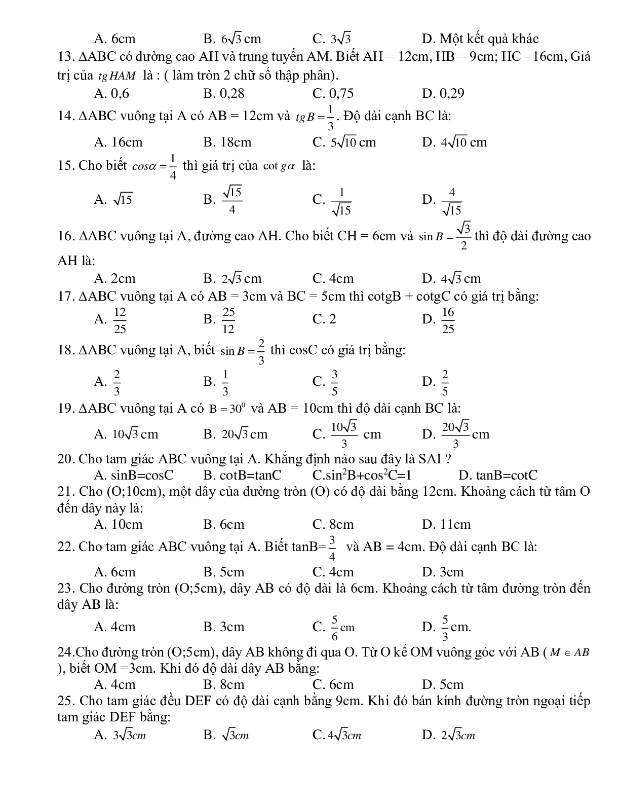 26 Bài tập trắc nghiệm Tỉ số lượng giác của góc nhọn 2023 (trang 2)