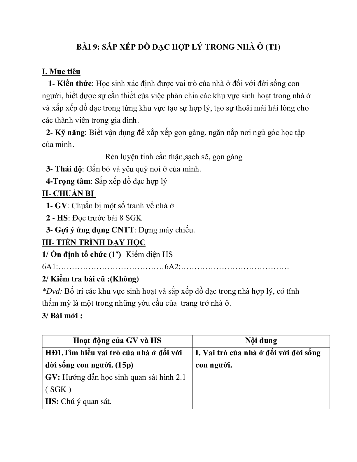GIÁO ÁN CÔNG NGHỆ 6 BÀI 9: SẮP XẾP ĐỒ ĐẠC HỢP LÝ TRONG NHÀ Ở (T1) MỚI NHẤT – CV5555 (trang 1)