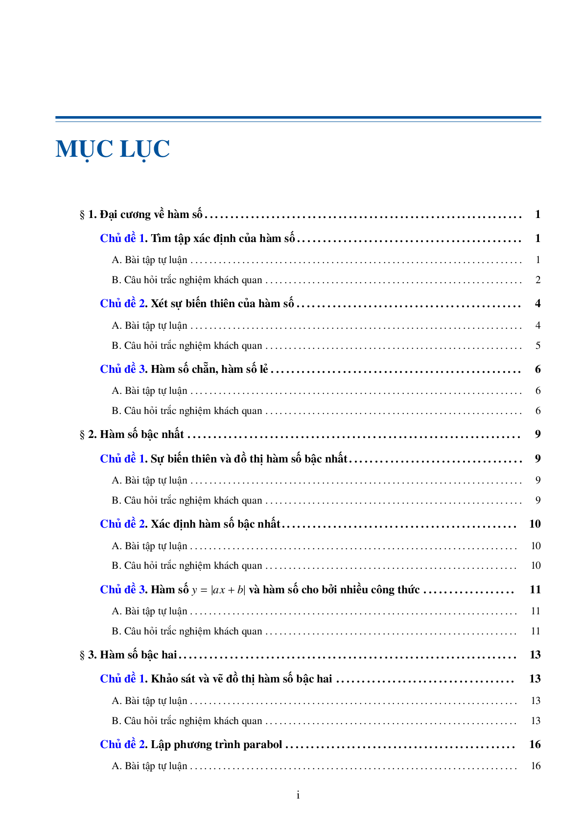 Bài tập trắc nghiệm chuyên đề hàm số bậc nhất và hàm số bậc hai (trang 1)