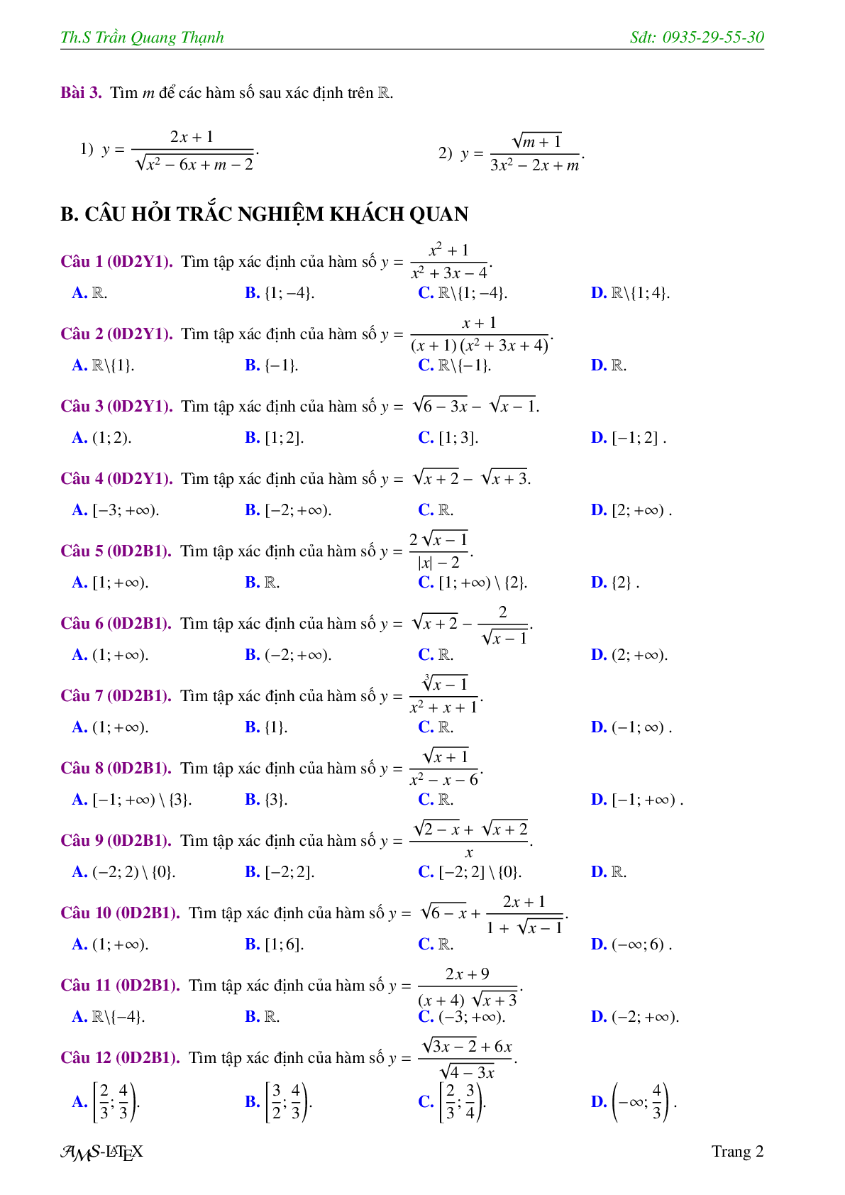Bài tập trắc nghiệm chuyên đề hàm số bậc nhất và hàm số bậc hai (trang 4)