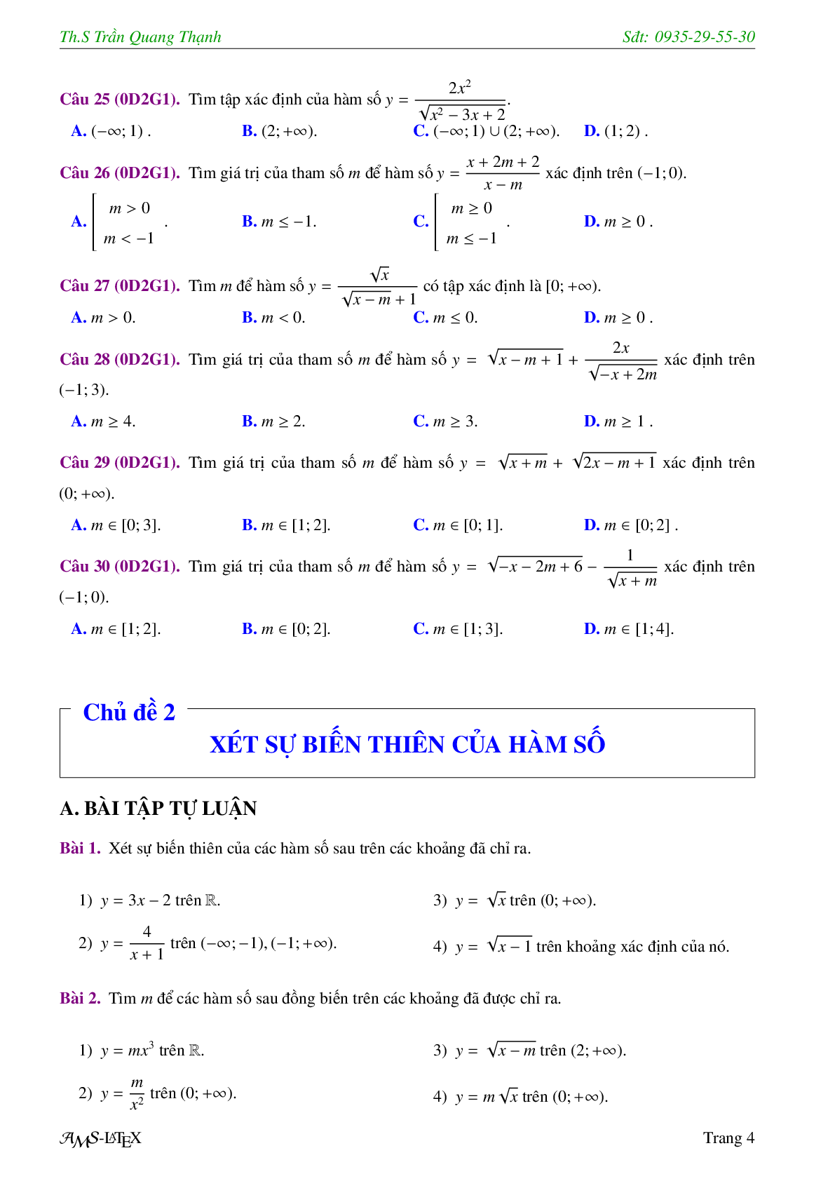 Bài tập trắc nghiệm chuyên đề hàm số bậc nhất và hàm số bậc hai (trang 6)
