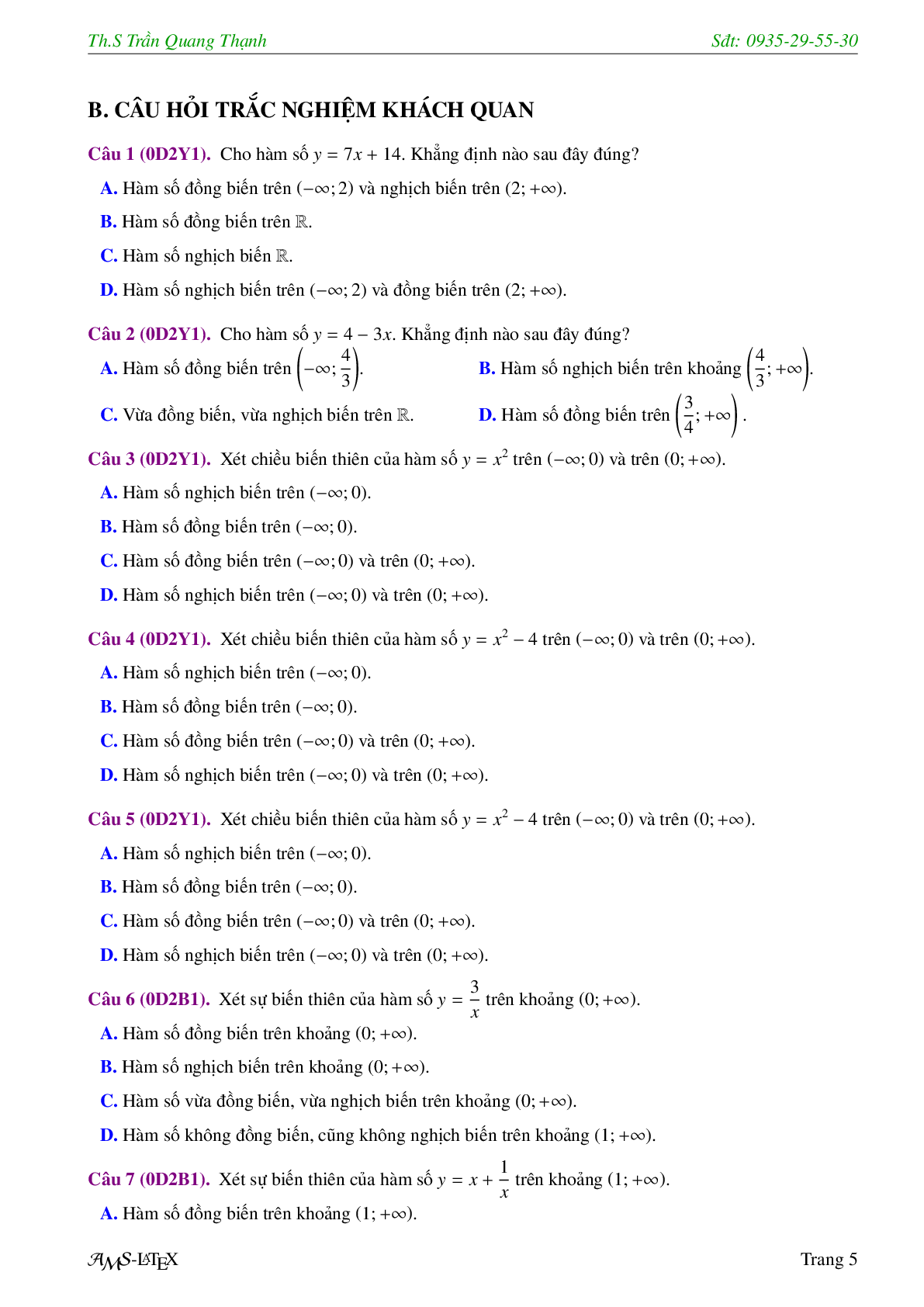 Bài tập trắc nghiệm chuyên đề hàm số bậc nhất và hàm số bậc hai (trang 7)