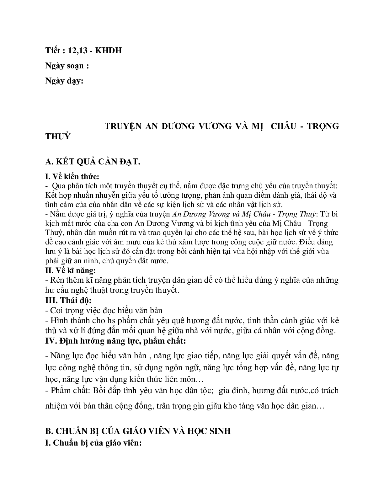 Giáo án ngữ văn lớp 10 Tiết 12, 13: Truyện An Dương Vương và Mị Chậu Trọng Thủy (trang 1)