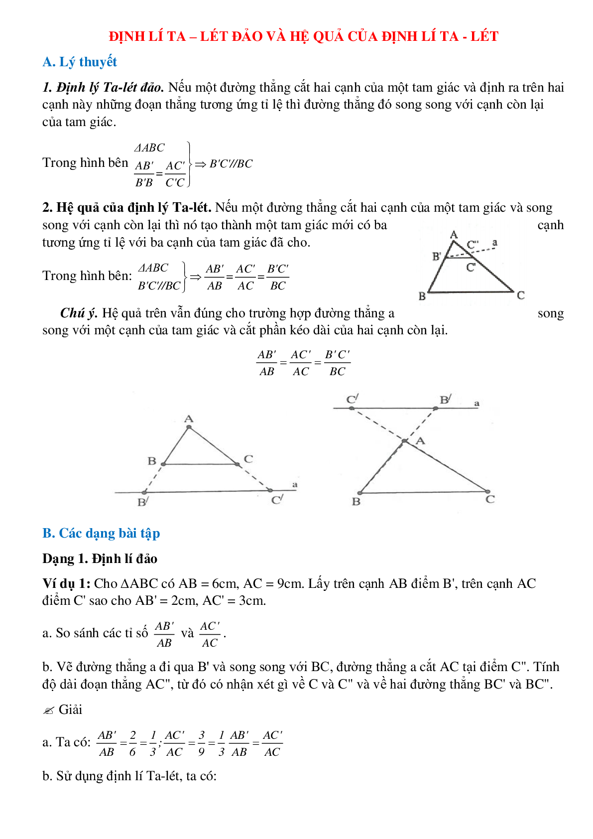 Phương pháp giải chi tiết về Định lí Ta-lét đảo và hệ quả của định lí Ta-lét chọn lọc (trang 1)