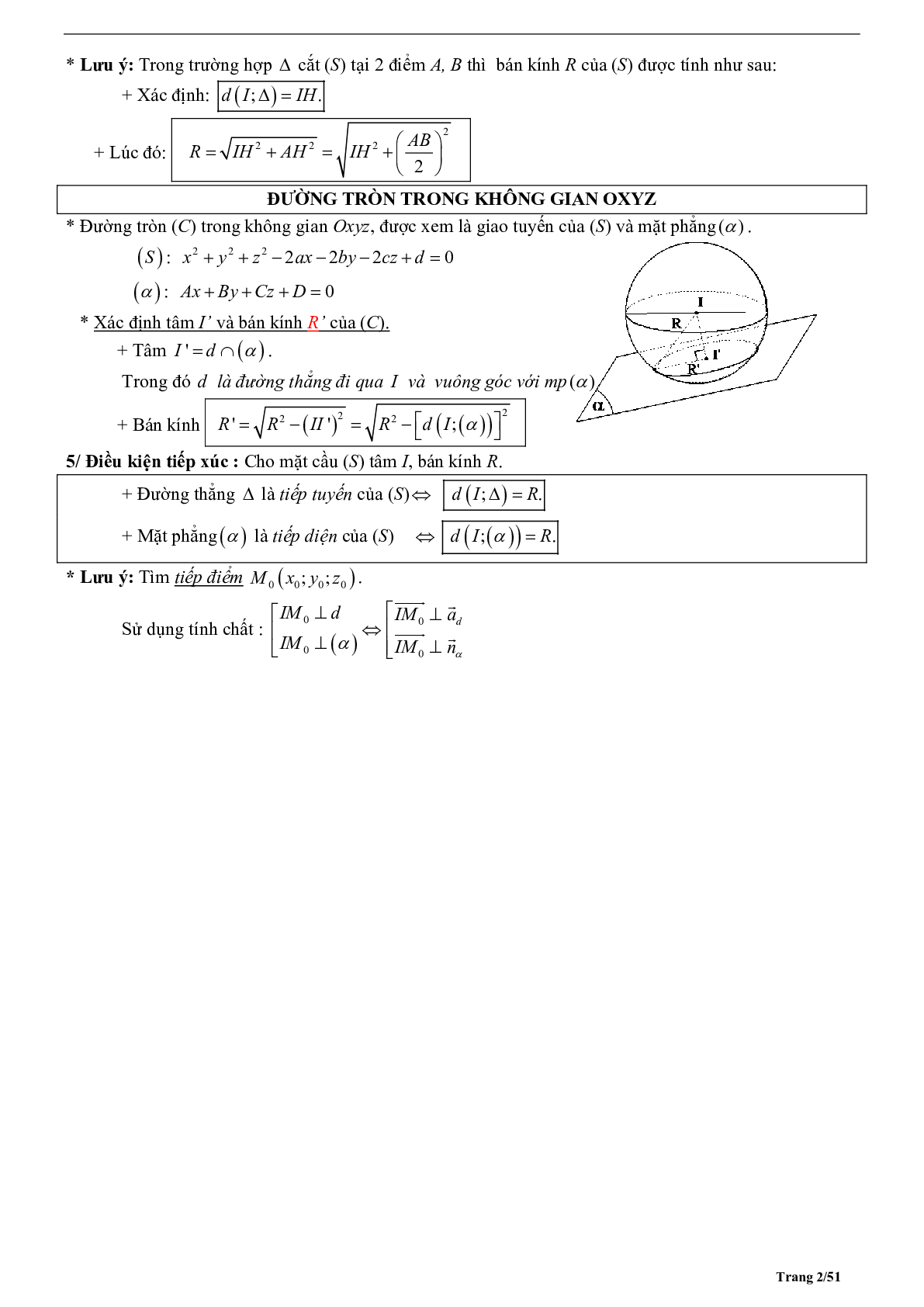Tóm tắt lý thuyết và bài tập trắc nghiệm phương trình mặt cầu (trang 2)