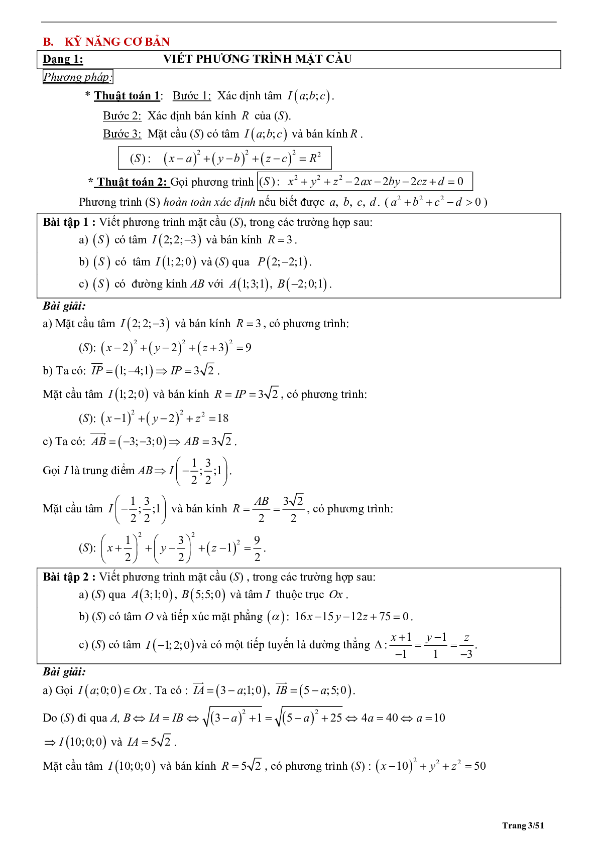 Tóm tắt lý thuyết và bài tập trắc nghiệm phương trình mặt cầu (trang 3)