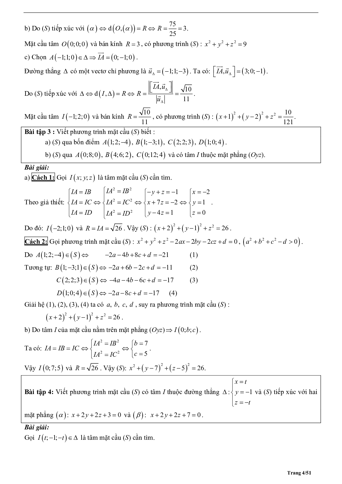 Tóm tắt lý thuyết và bài tập trắc nghiệm phương trình mặt cầu (trang 4)