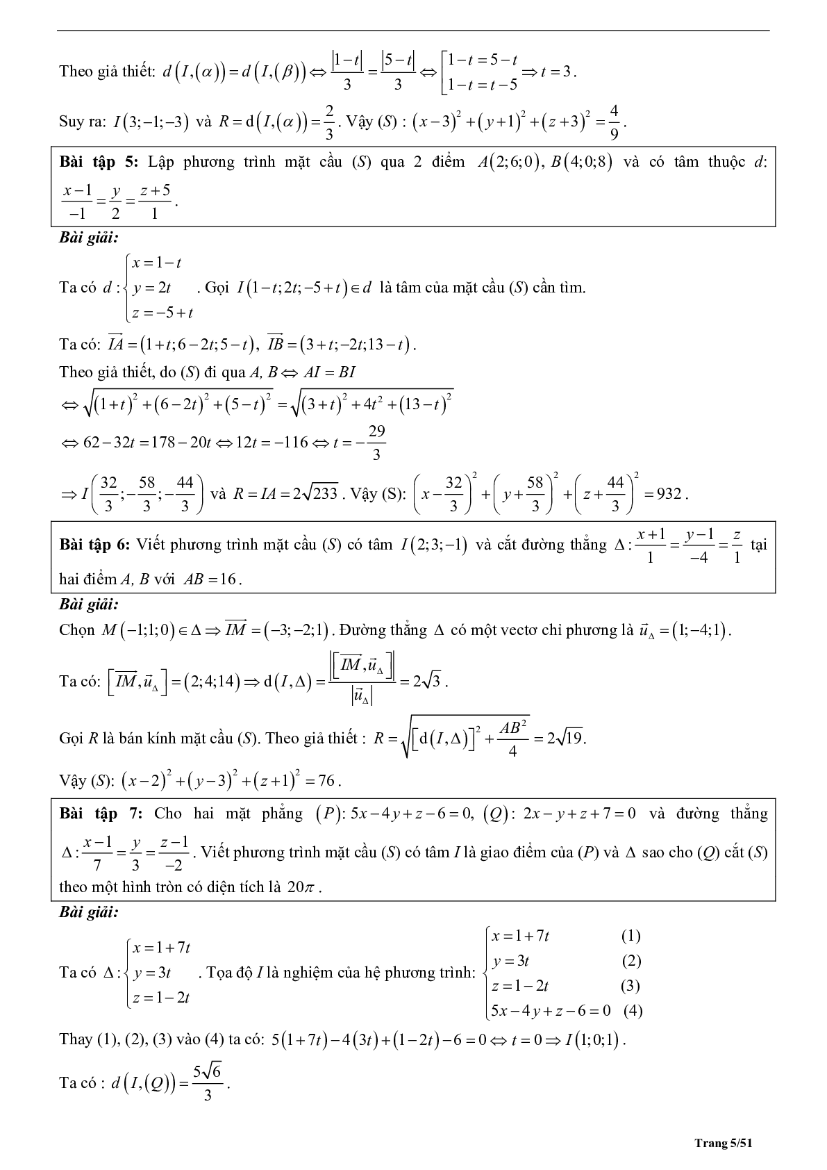 Tóm tắt lý thuyết và bài tập trắc nghiệm phương trình mặt cầu (trang 5)