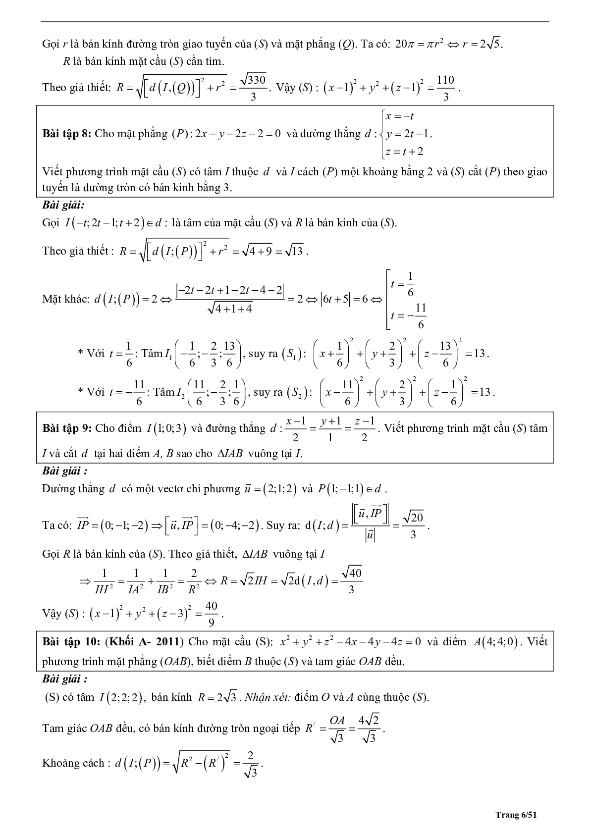 Tóm tắt lý thuyết và bài tập trắc nghiệm phương trình mặt cầu (trang 6)