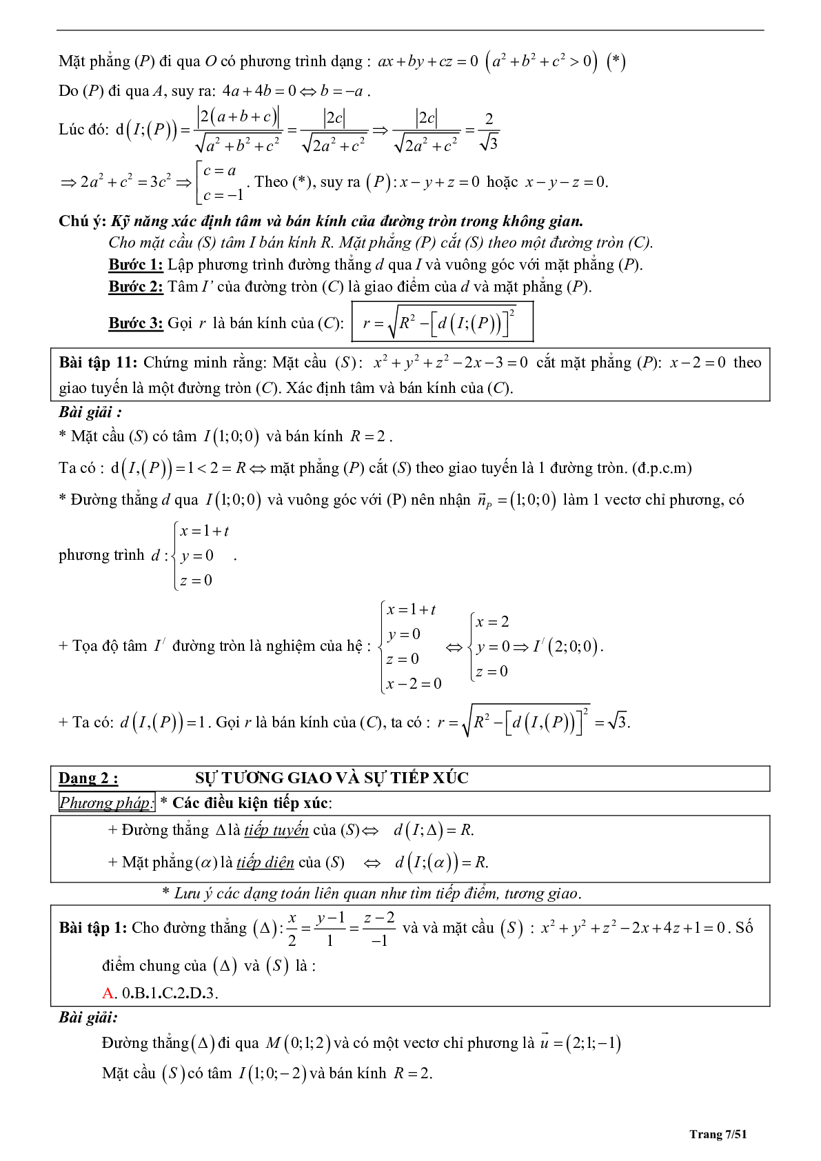 Tóm tắt lý thuyết và bài tập trắc nghiệm phương trình mặt cầu (trang 7)