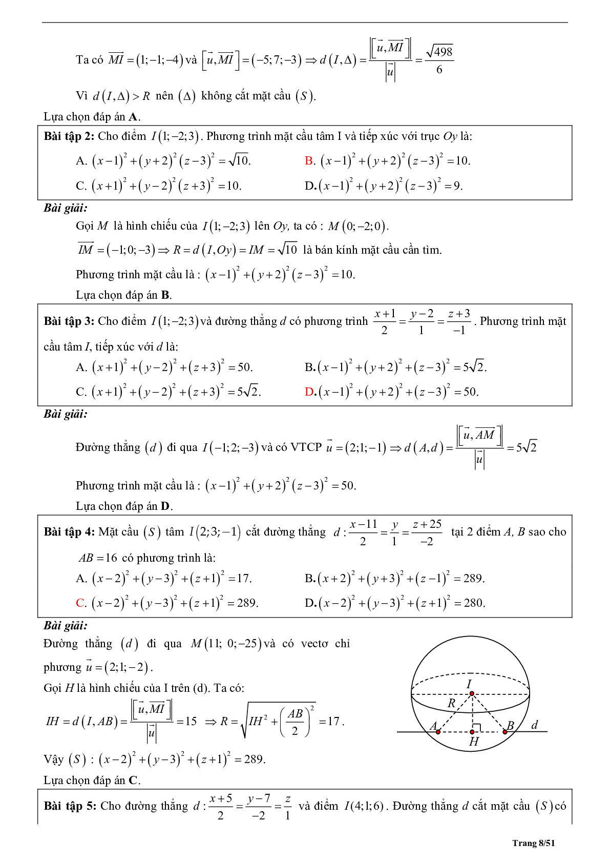 Tóm tắt lý thuyết và bài tập trắc nghiệm phương trình mặt cầu (trang 8)