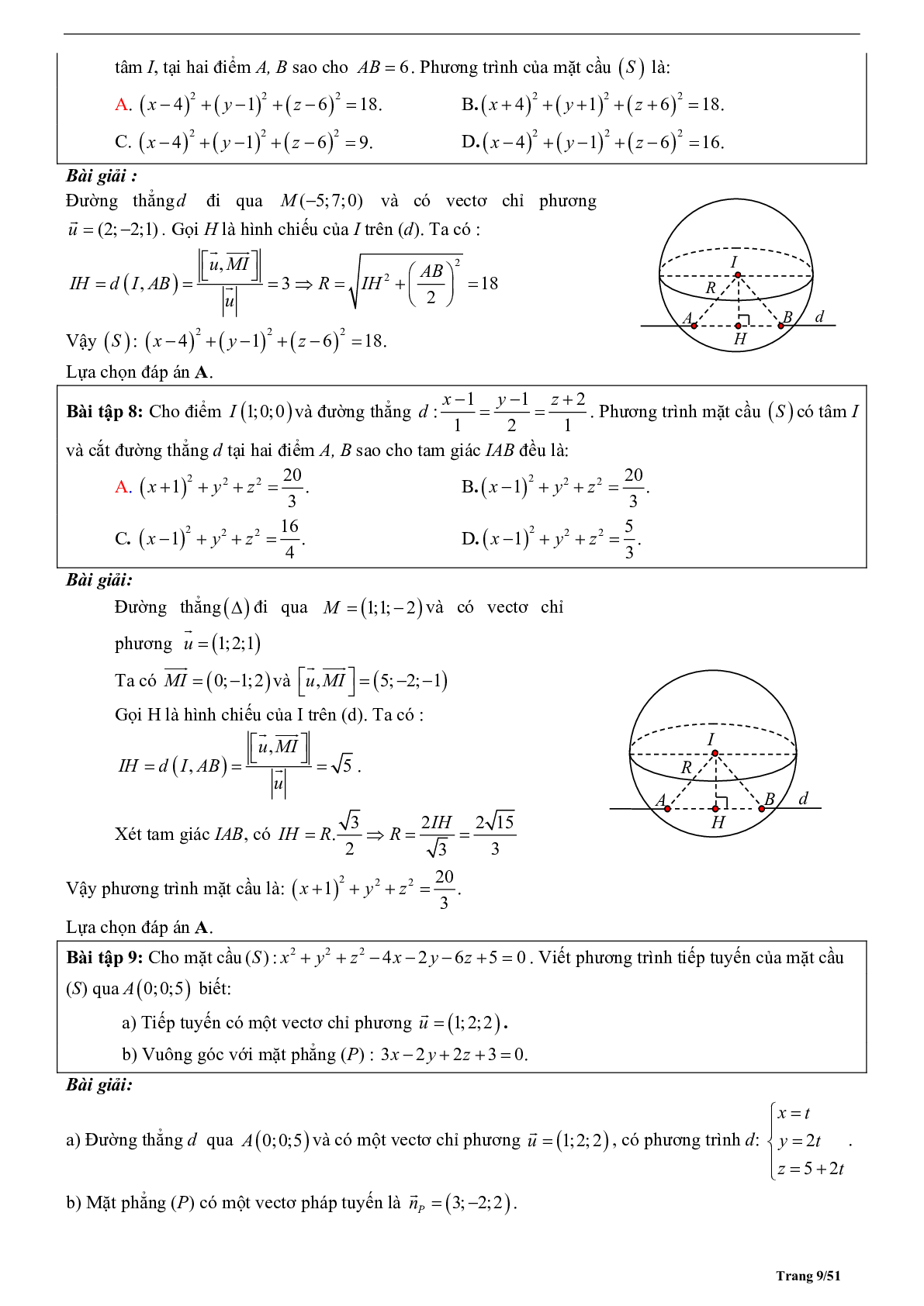 Tóm tắt lý thuyết và bài tập trắc nghiệm phương trình mặt cầu (trang 9)