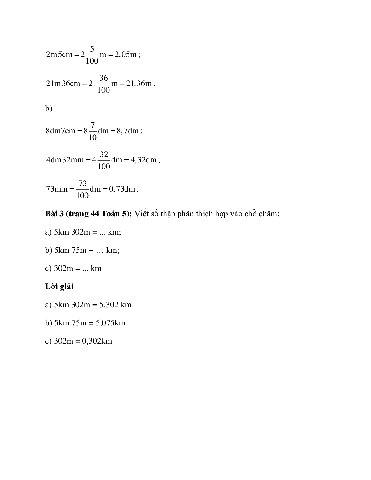 Toán lớp 5 trang 44 Viết các số đo độ dài dưới dạng số thập phân (trang 2)