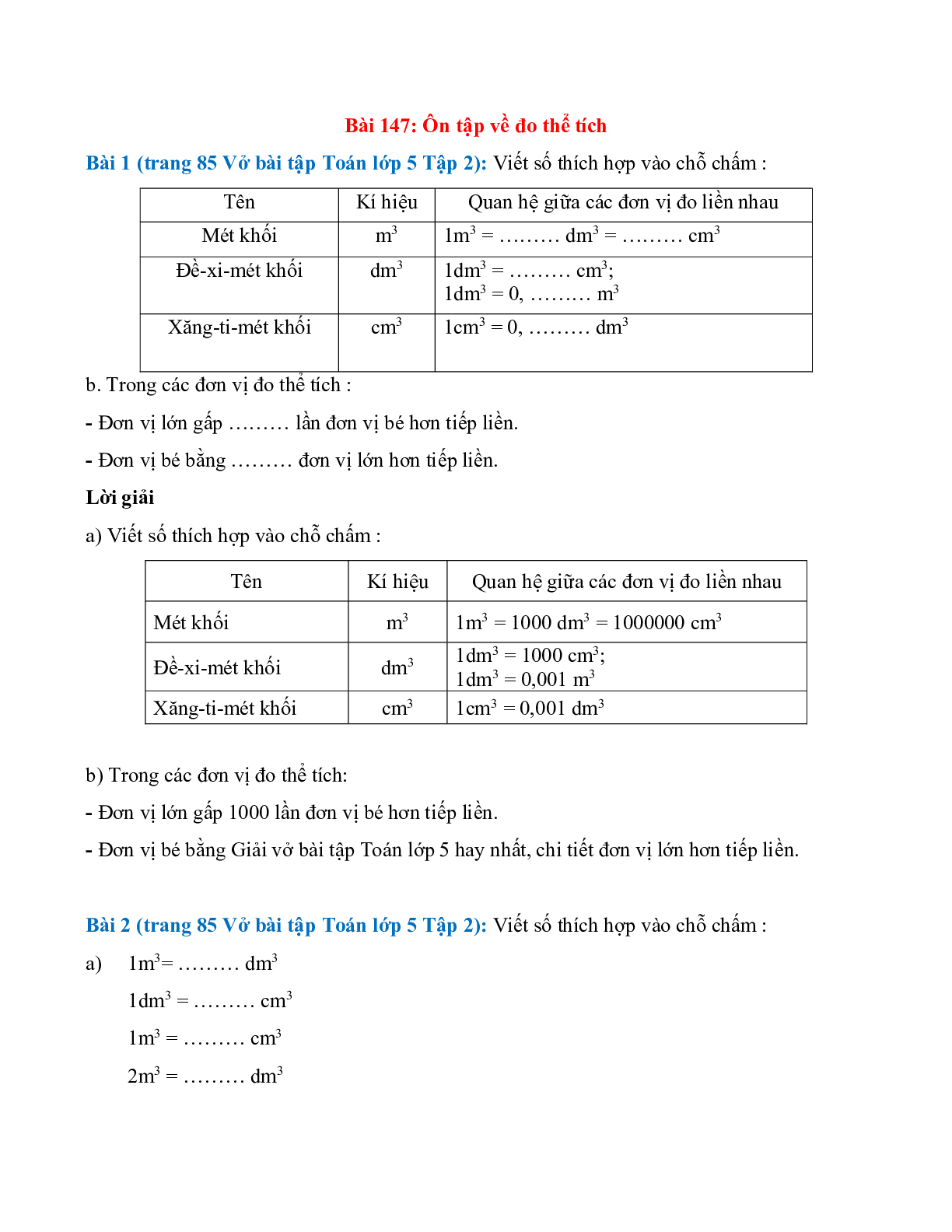 Vở bài tập Toán lớp 5 Tập 2 trang 85, 86 Bài 147: Ôn tập về đo thể tích (trang 1)