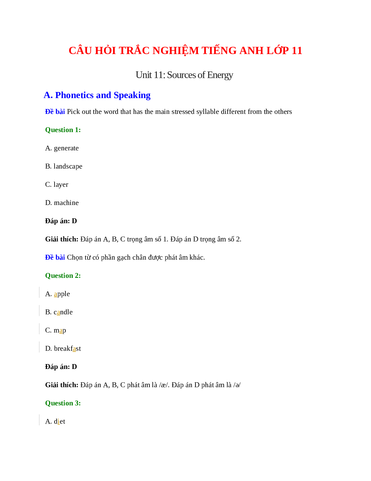 60 câu Trắc nghiệm Tiếng Anh 11 Unit 11 có đáp án 2023: Sources of Energy (trang 1)