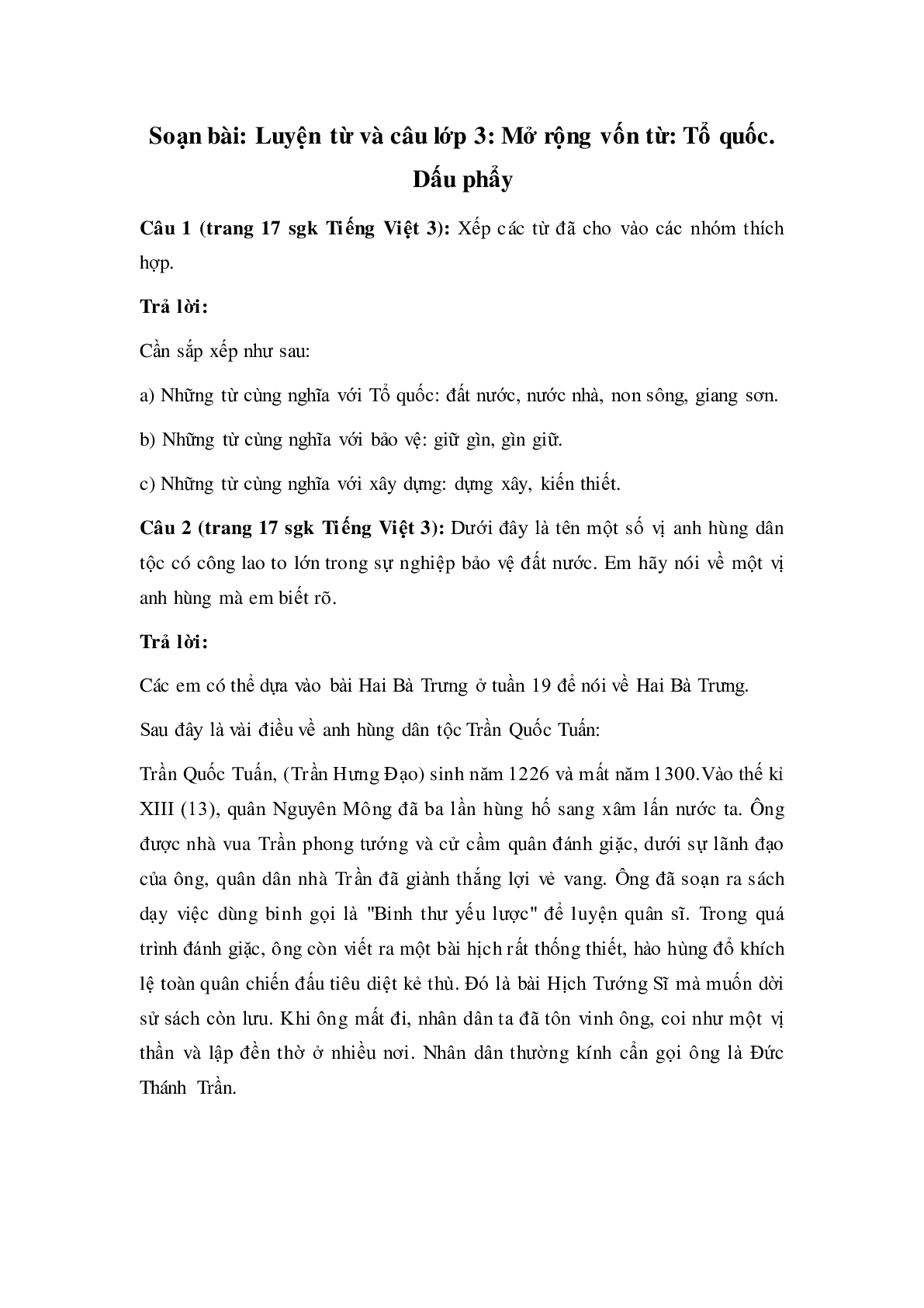 Soạn Tiếng Việt lớp 3: Luyện từ và câu: Mở rộng vốn từ: Tổ quốc. Dấu phẩy mới nhất (trang 1)