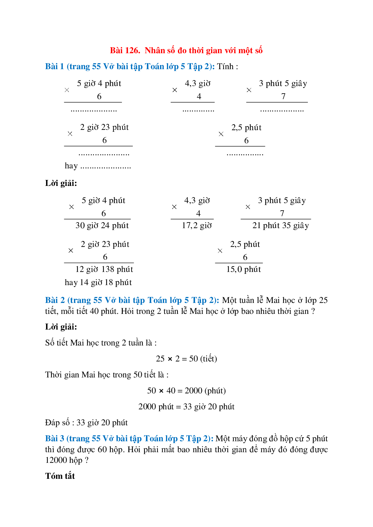 Vở bài tập Toán lớp 5 Tập 2 trang 55 Bài 126: Nhân số đo thời gian với một số (trang 1)