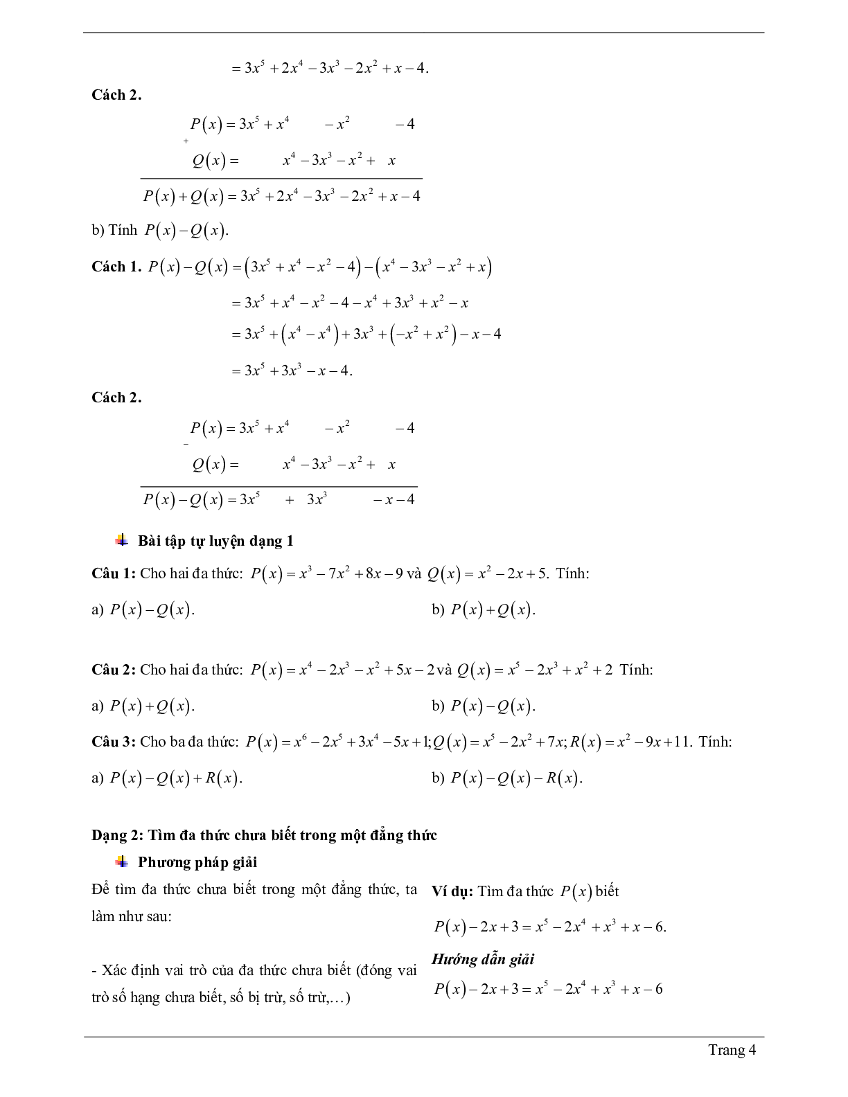 Lý thuyết Toán 7 có đáp án: Cộng, trừ đa thức một biến (trang 4)