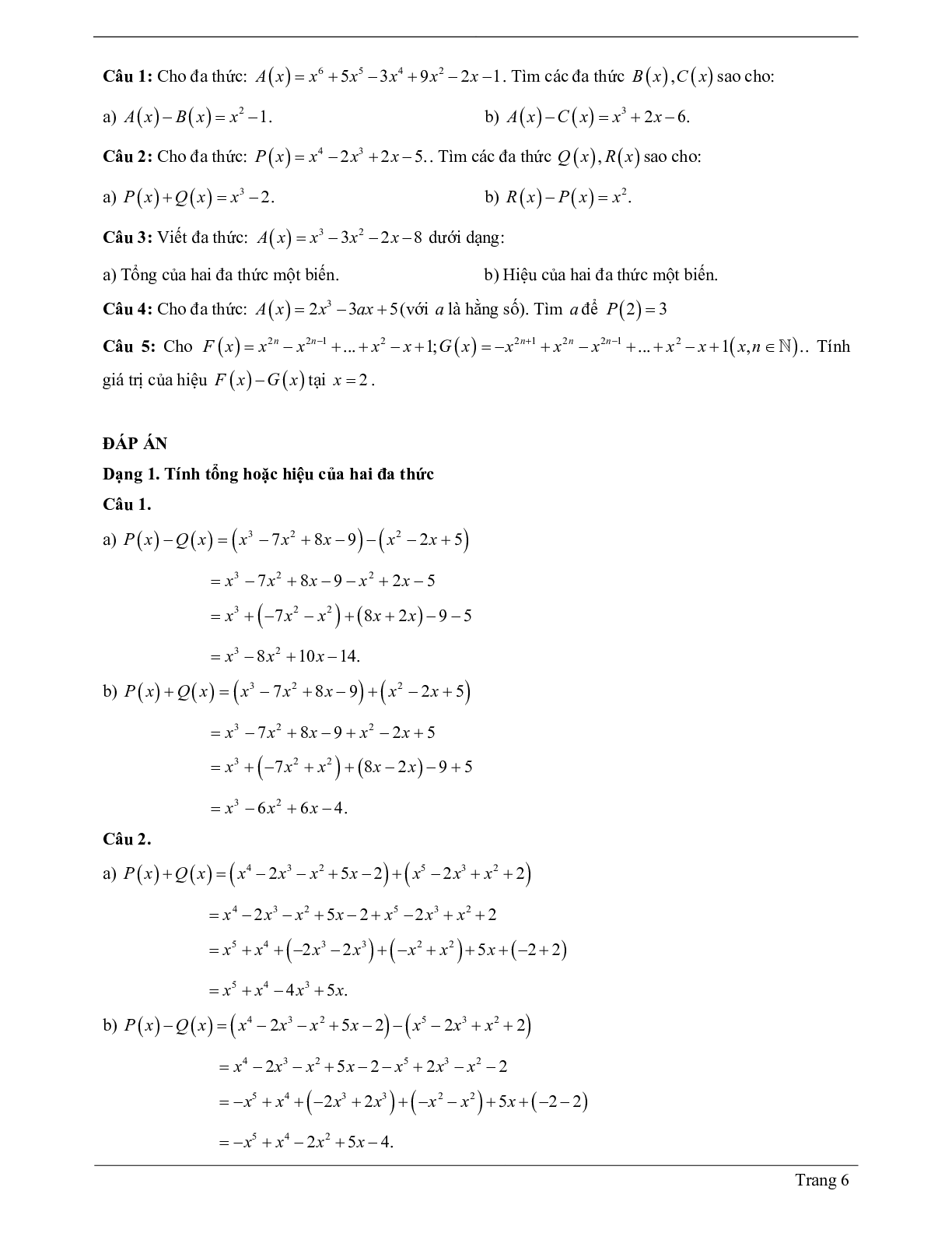 Lý thuyết Toán 7 có đáp án: Cộng, trừ đa thức một biến (trang 6)