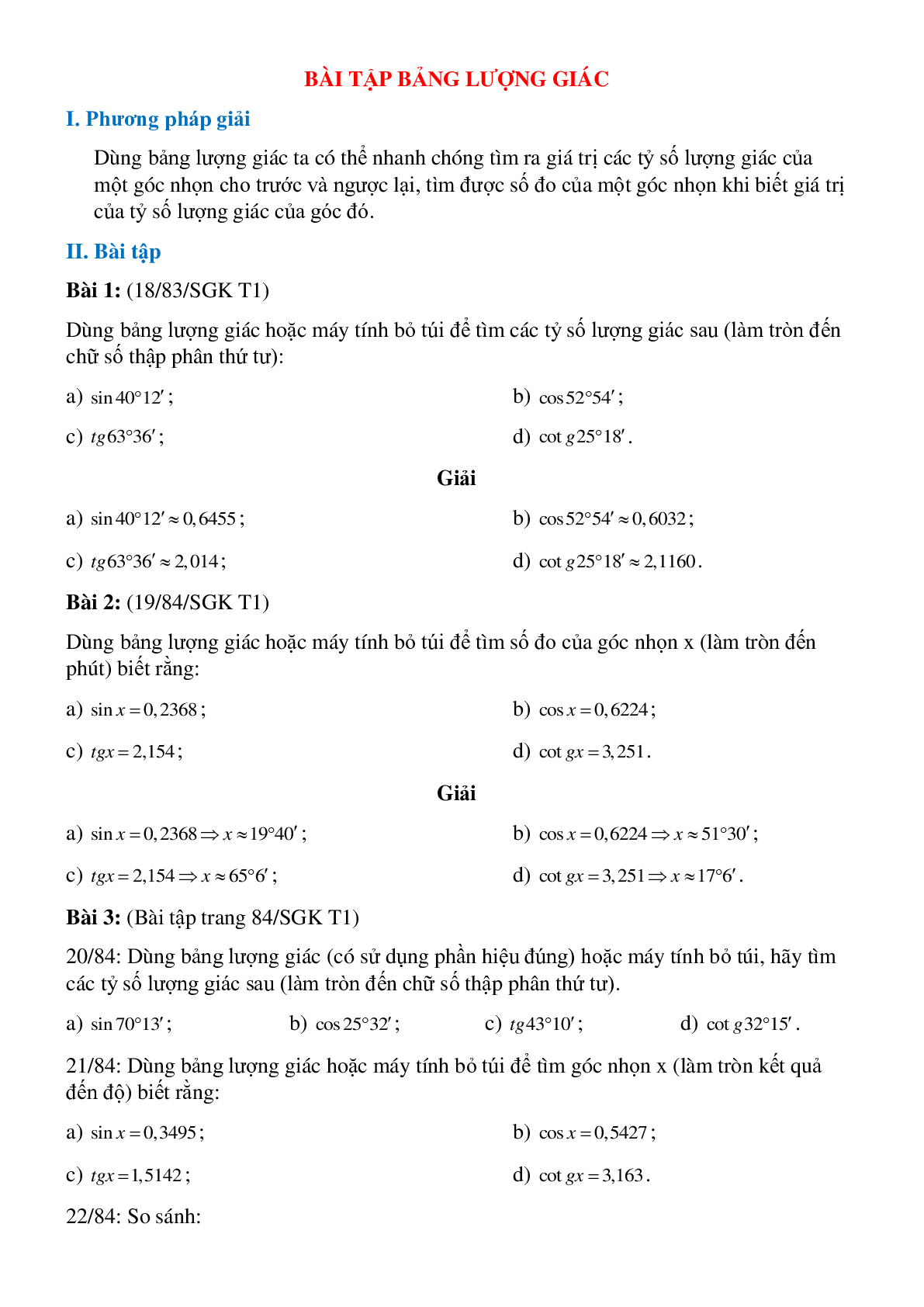 Bài tập lượng giác lớp 9 có lời giải (trang 1)