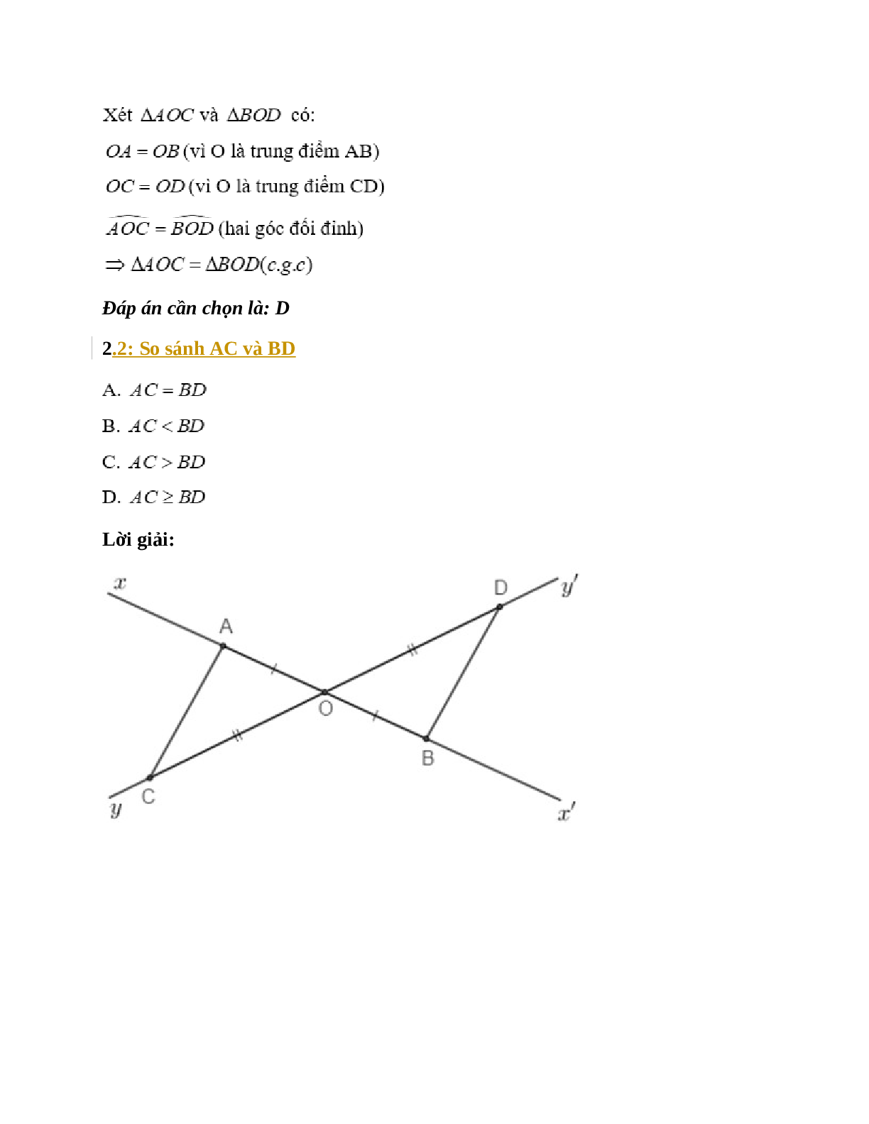 Trắc nghiệm Trường hợp bằng nhau thứ hai của tam giác:  cạnh - góc - cạnh (c.g.c) có đáp án – Toán lớp 12 (trang 3)