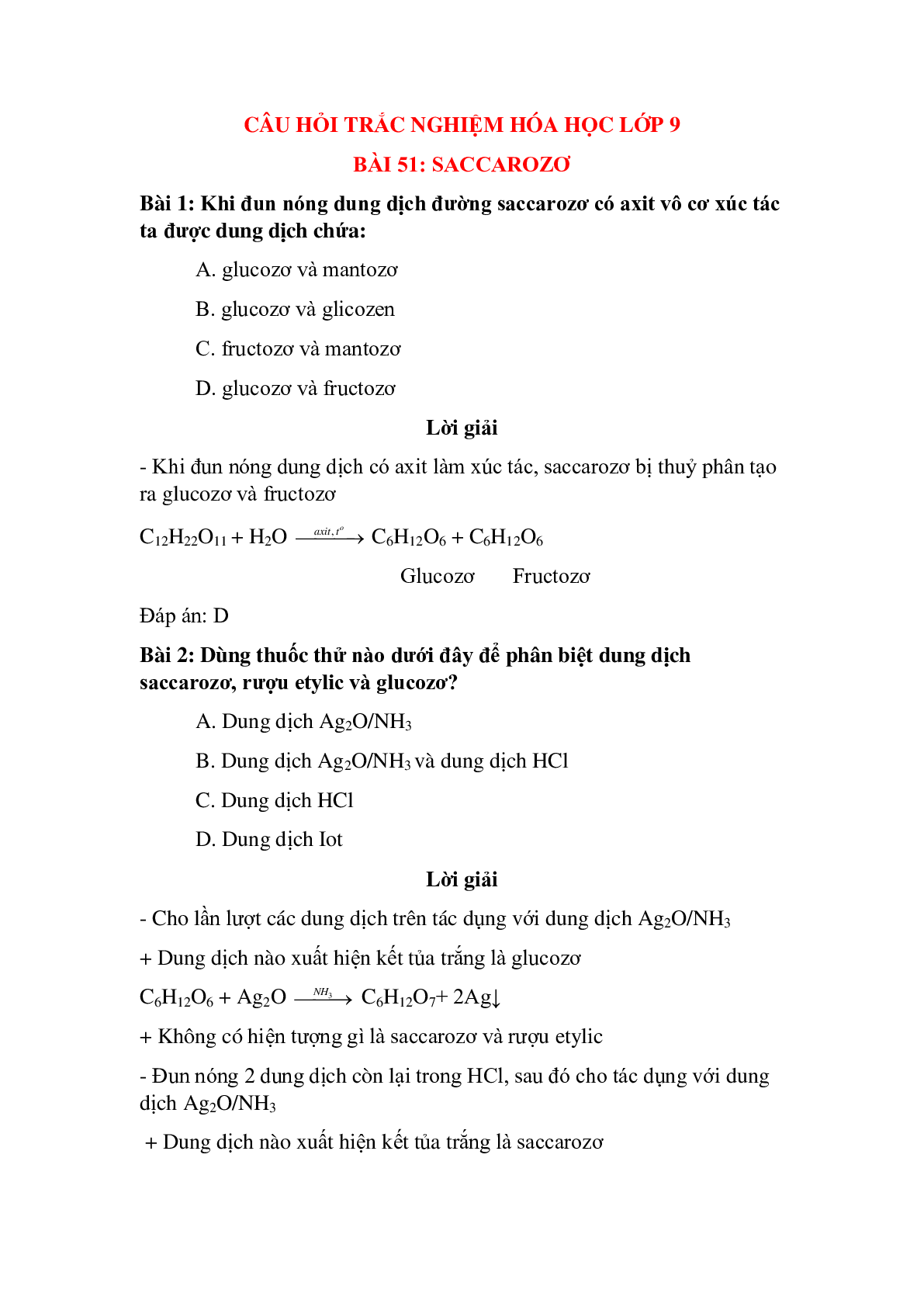 30 câu Trắc nghiệm Saccarozơ có đáp án 2023 – Hóa học lớp 9 (trang 1)