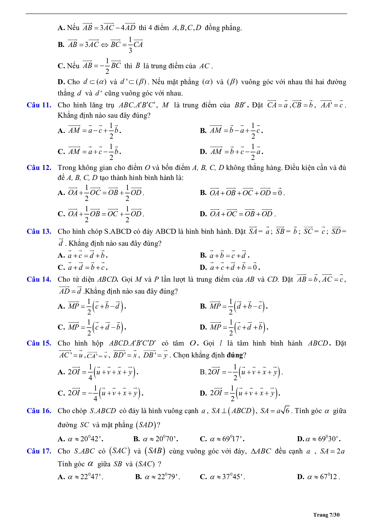 Tóm tắt lý thuyết và bài tập trắc nghiệm vecto trong không gian quan hệ vuông góc (trang 7)
