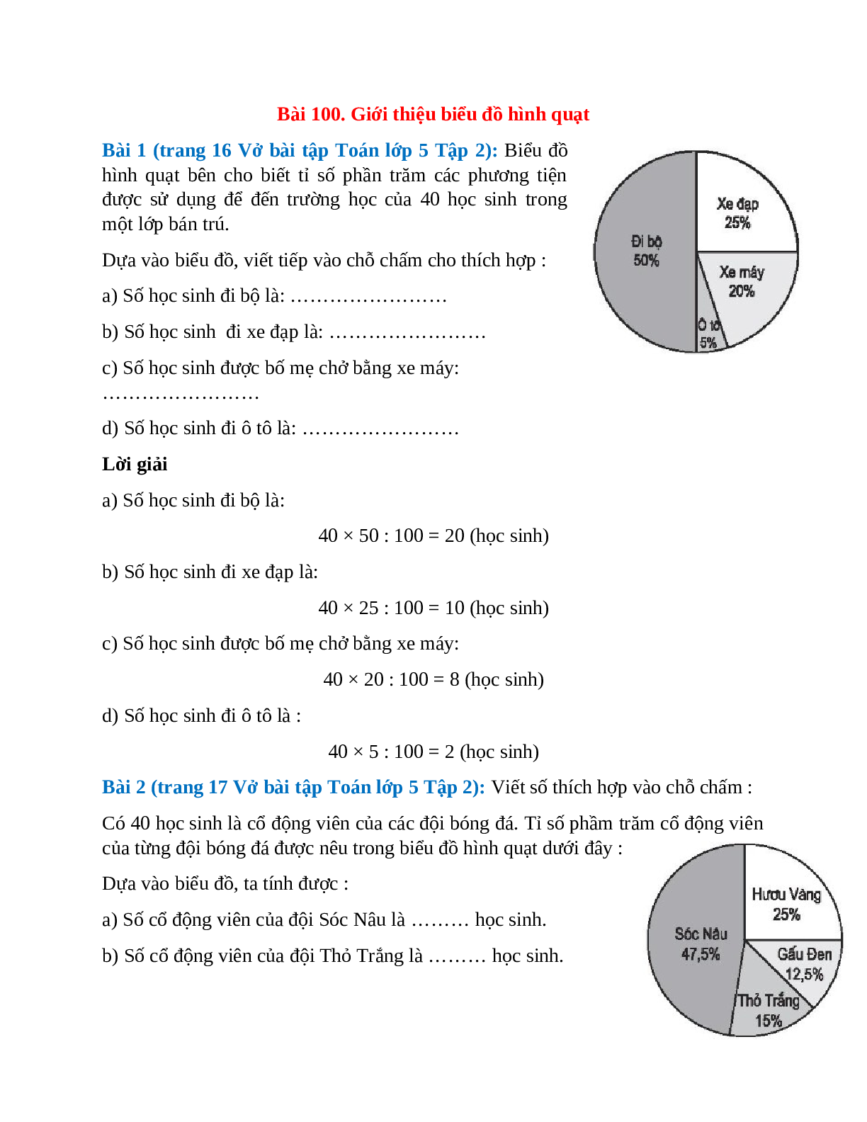 Vở bài tập Toán lớp 5 Tập 2 trang 16, 17 Bài 100: Giới thiệu biểu đồ hình quạt (trang 1)