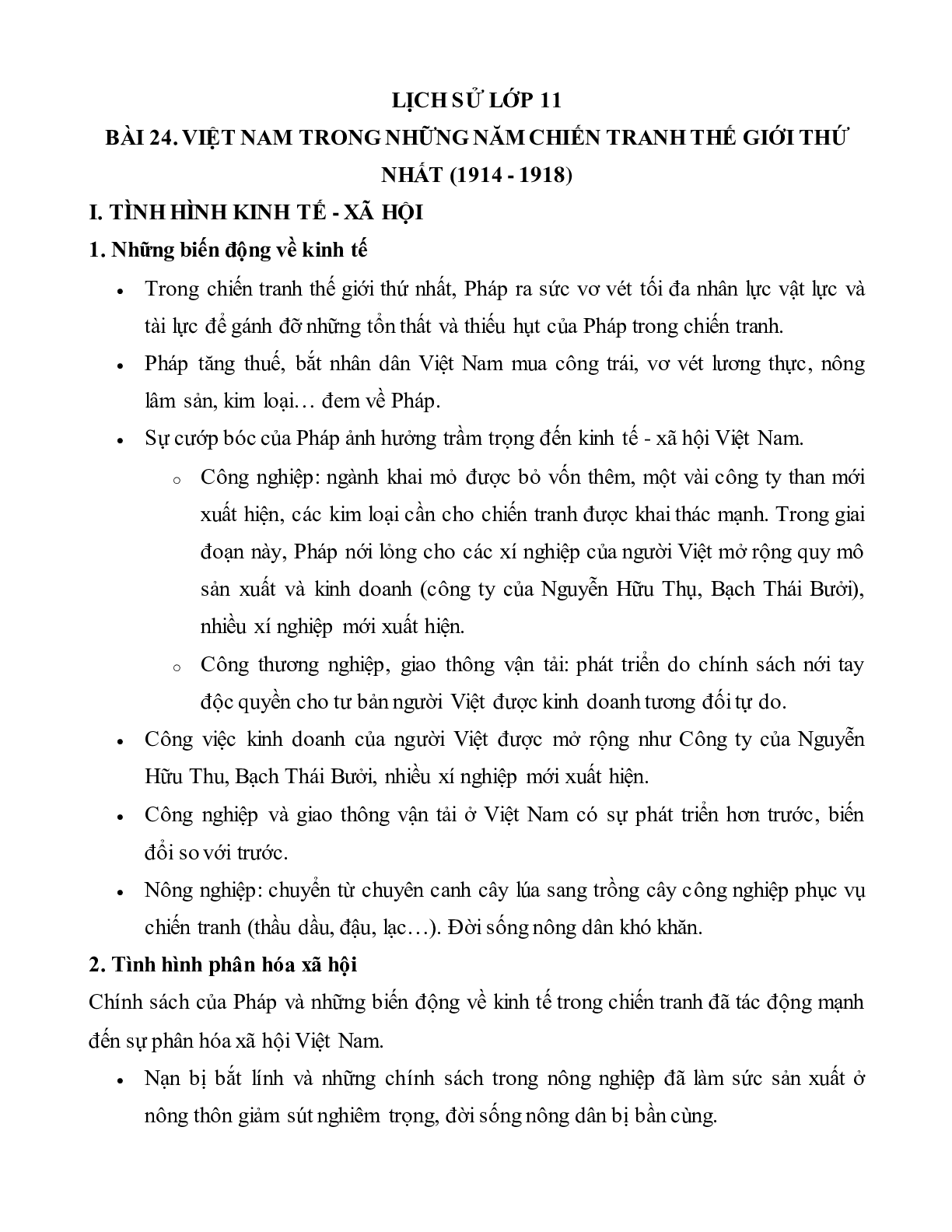 Lý thuyết Lịch sử 11: Bài 24:  Việt Nam trong những năm chiến tranh thế giới thứ nhất (1914 - 1918) mới nhất (trang 1)