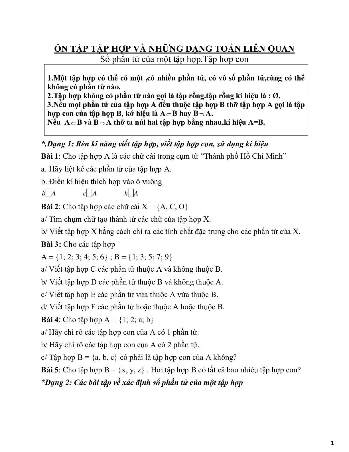 Ôn tập về Tập hợp và những dạng toán liên quan (trang 1)