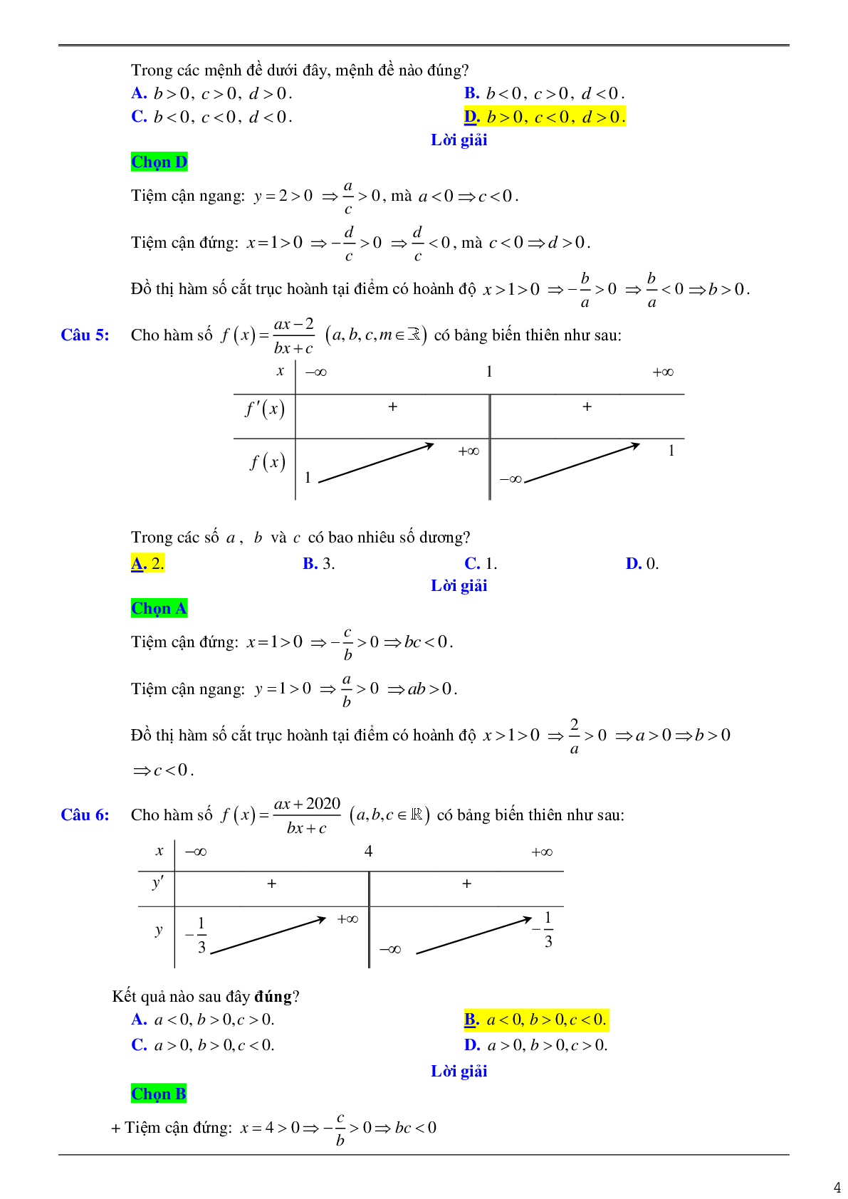 Chuyên đề các định hệ số của hàm số khi biết bảng biến thiên hoặc đồ thị (trang 4)