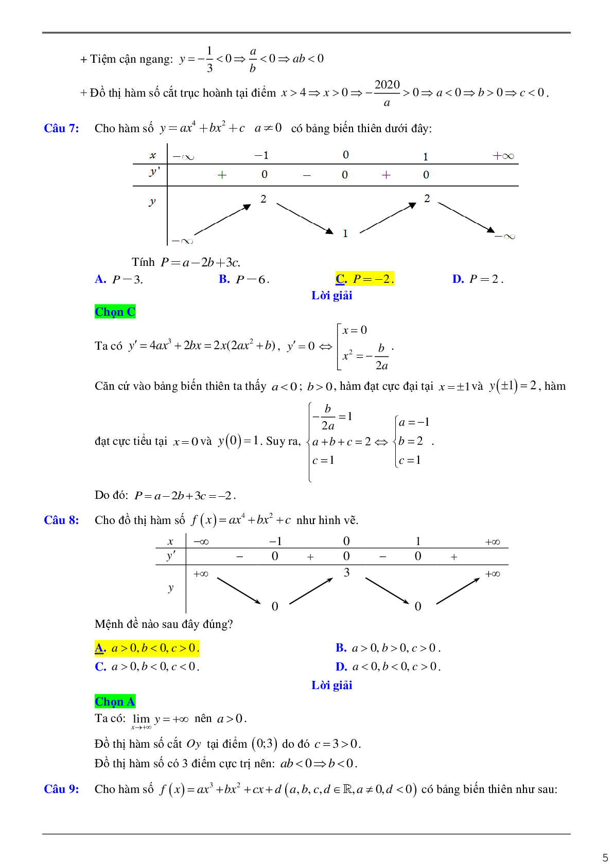 Chuyên đề các định hệ số của hàm số khi biết bảng biến thiên hoặc đồ thị (trang 5)