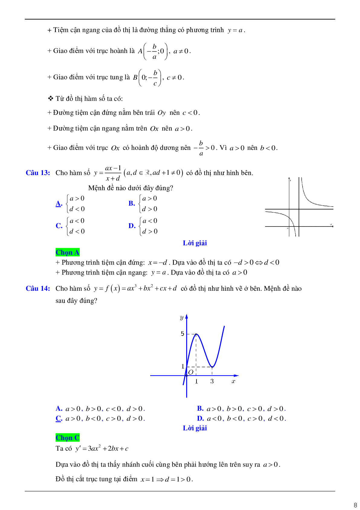 Chuyên đề các định hệ số của hàm số khi biết bảng biến thiên hoặc đồ thị (trang 8)
