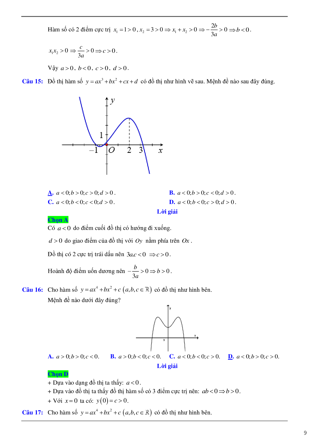 Chuyên đề các định hệ số của hàm số khi biết bảng biến thiên hoặc đồ thị (trang 9)