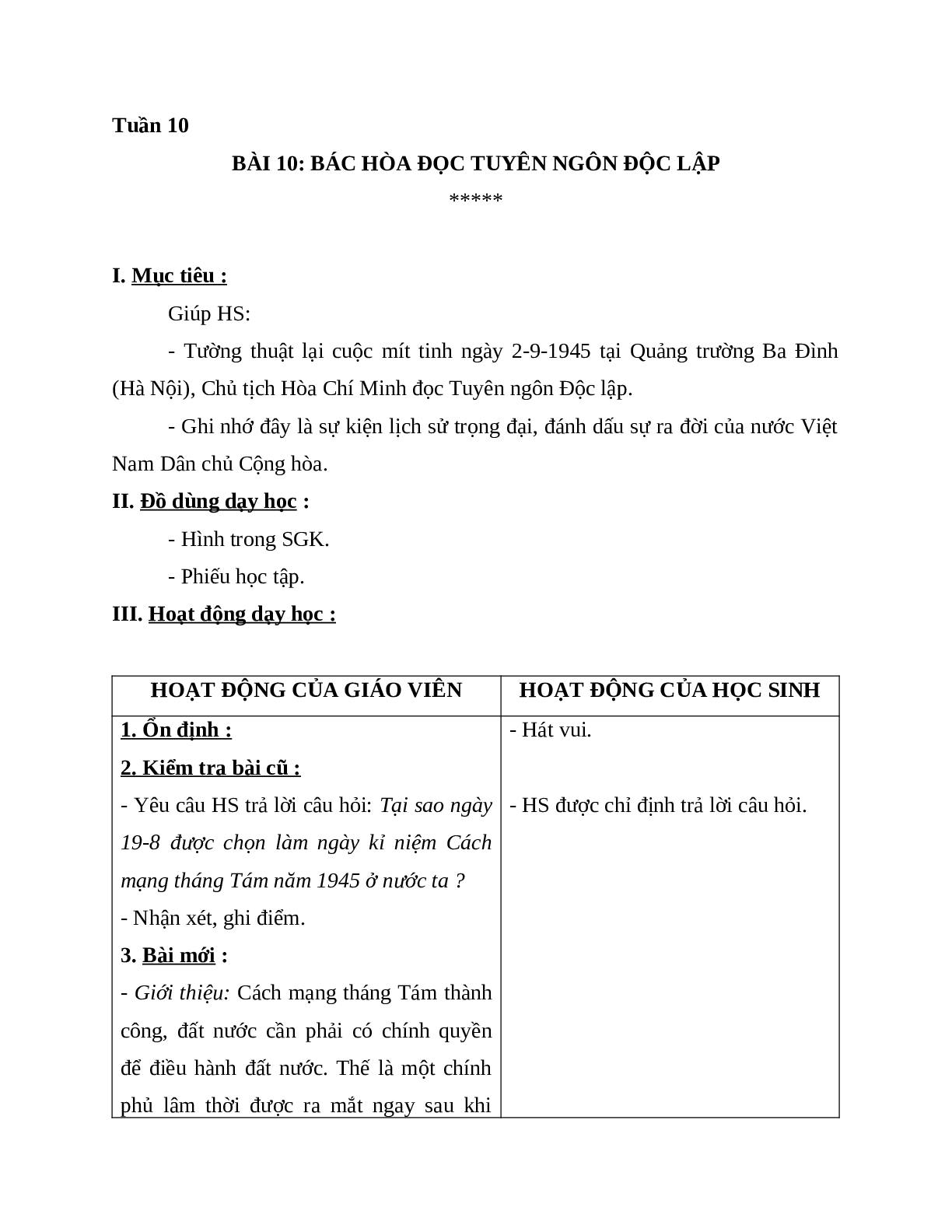 Giáo án lịch sử 5 bài 10: bác hòa đọc tuyên ngôn độc lập mới nhất (trang 1)