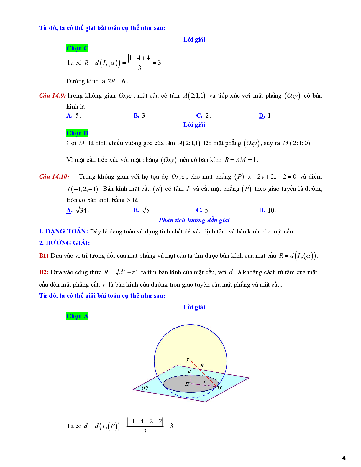 Bài tập xác định tâm, bán kính, diện tích và thể tích của mặt cầu (trang 4)