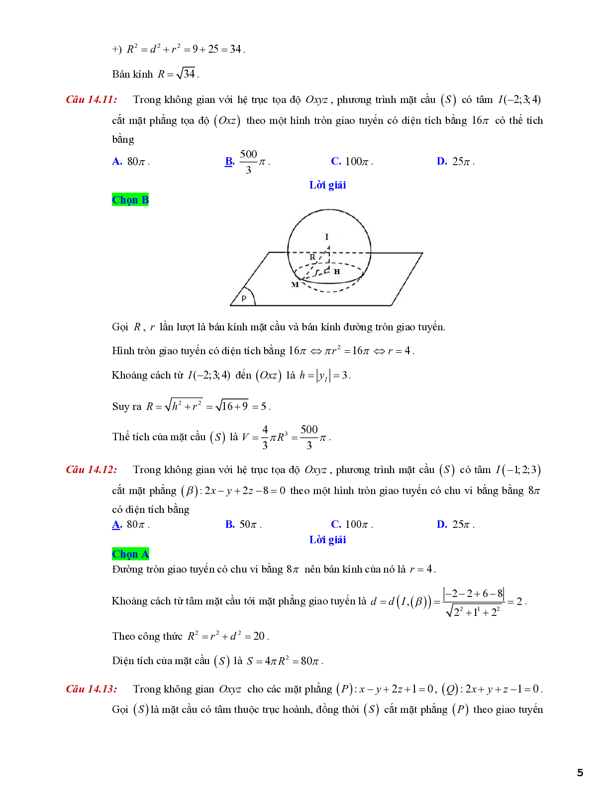 Bài tập xác định tâm, bán kính, diện tích và thể tích của mặt cầu (trang 5)