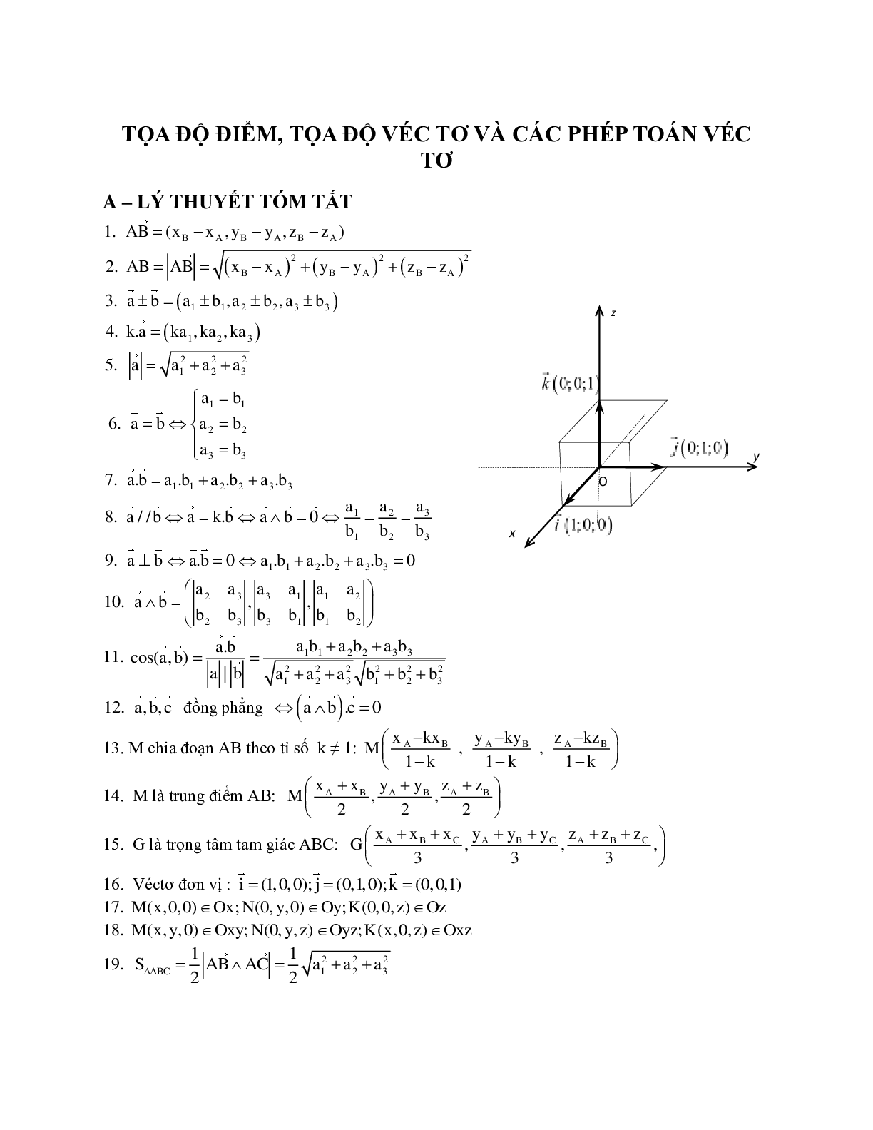 Tọa độ điểm, tọa độ vecto và các phép toán vecto trong không gian (trang 1)