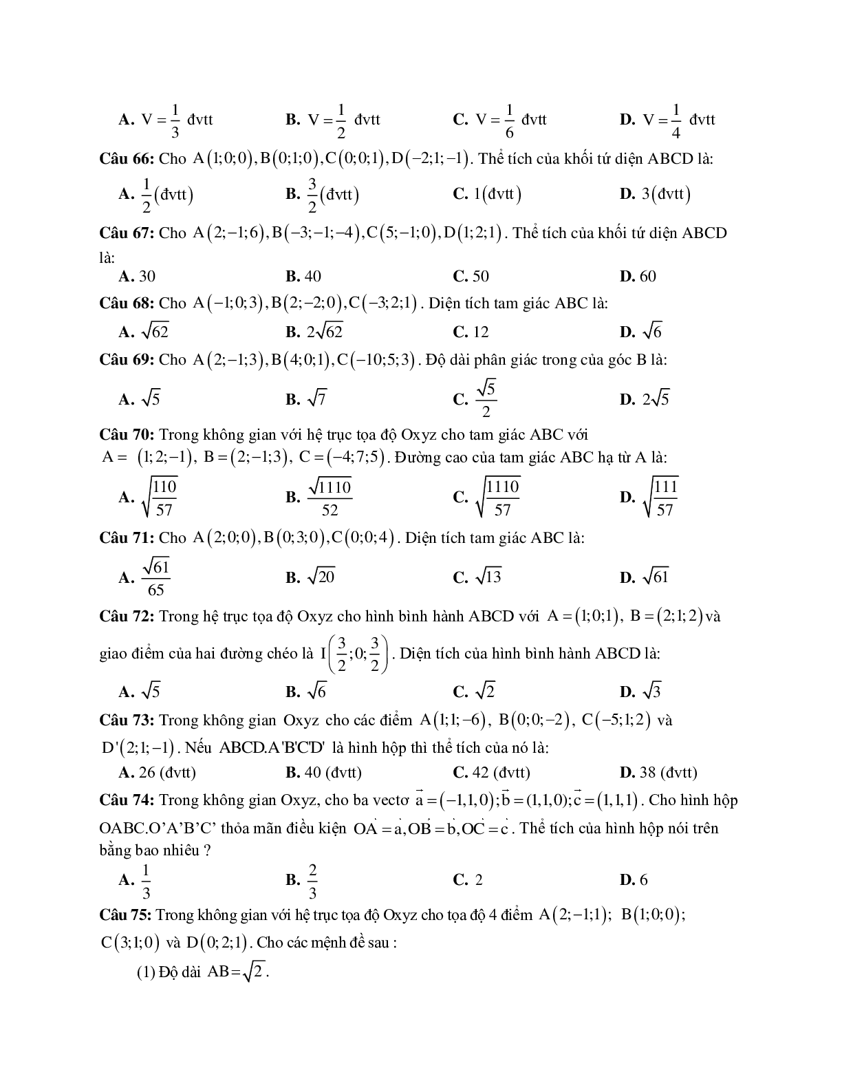 Tọa độ điểm, tọa độ vecto và các phép toán vecto trong không gian (trang 10)
