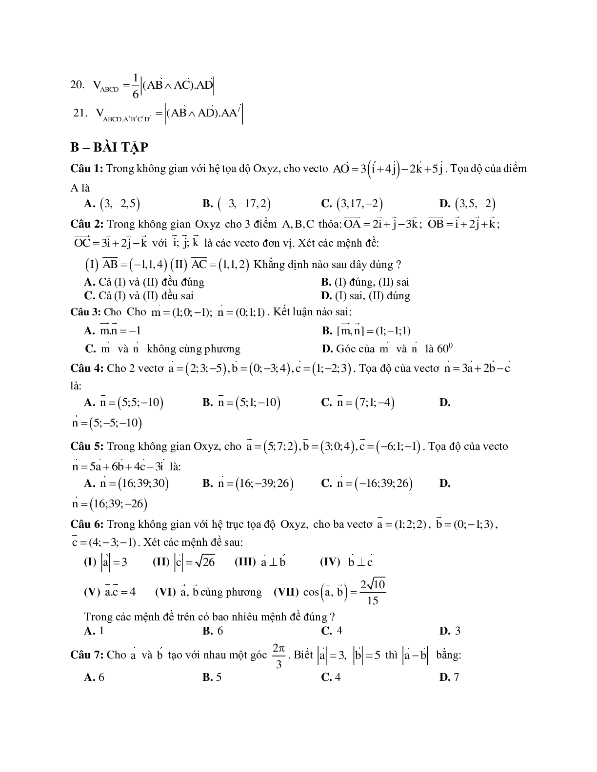 Tọa độ điểm, tọa độ vecto và các phép toán vecto trong không gian (trang 2)