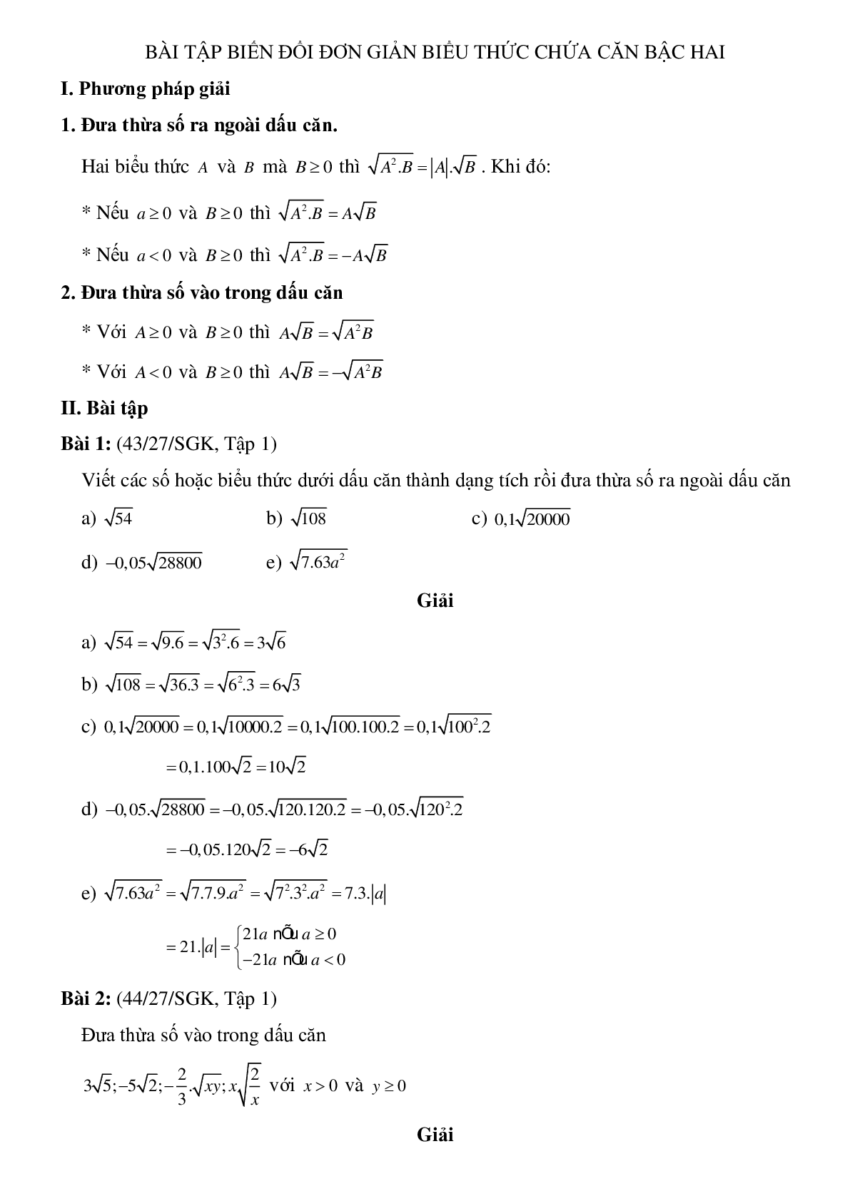 50 Bài tập Biến đổi đơn giản biểu thức chứa căn bậc hai (có đáp án)- Toán 9 (trang 1)