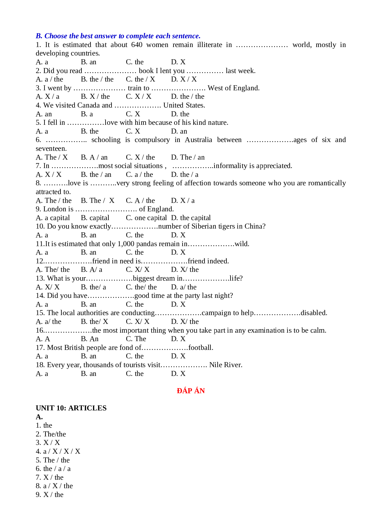 Bài tập chuyên đề mạo từ tiếng anh lớp 9 có đáp án (trang 2)