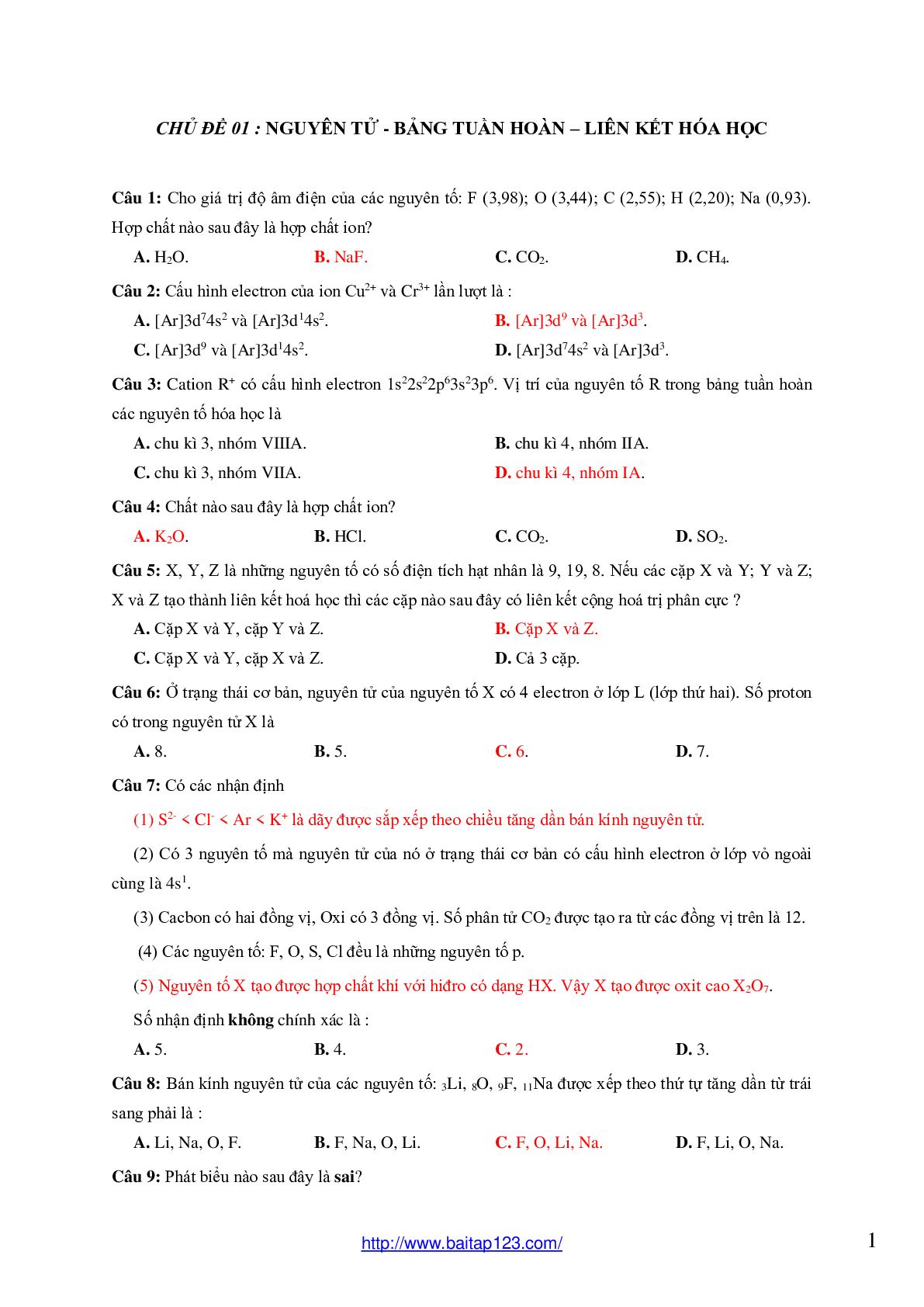 59 câu bài tập trắc nghiệm Nguyên tử - Bảng tuần hoàn - Liên kết hóa học có đáp án môn Hóa lớp 10 (trang 1)