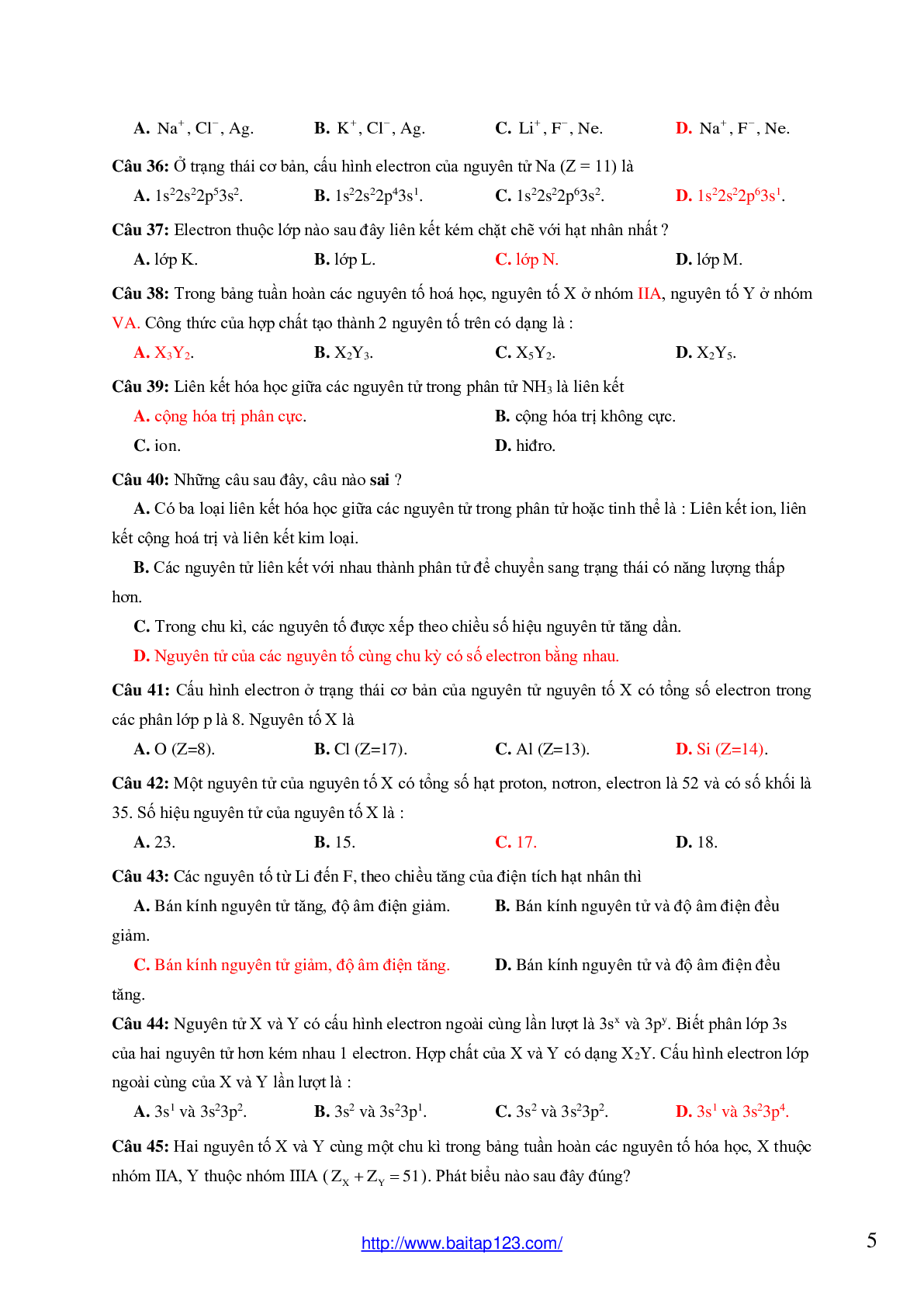 59 câu bài tập trắc nghiệm Nguyên tử - Bảng tuần hoàn - Liên kết hóa học có đáp án môn Hóa lớp 10 (trang 5)