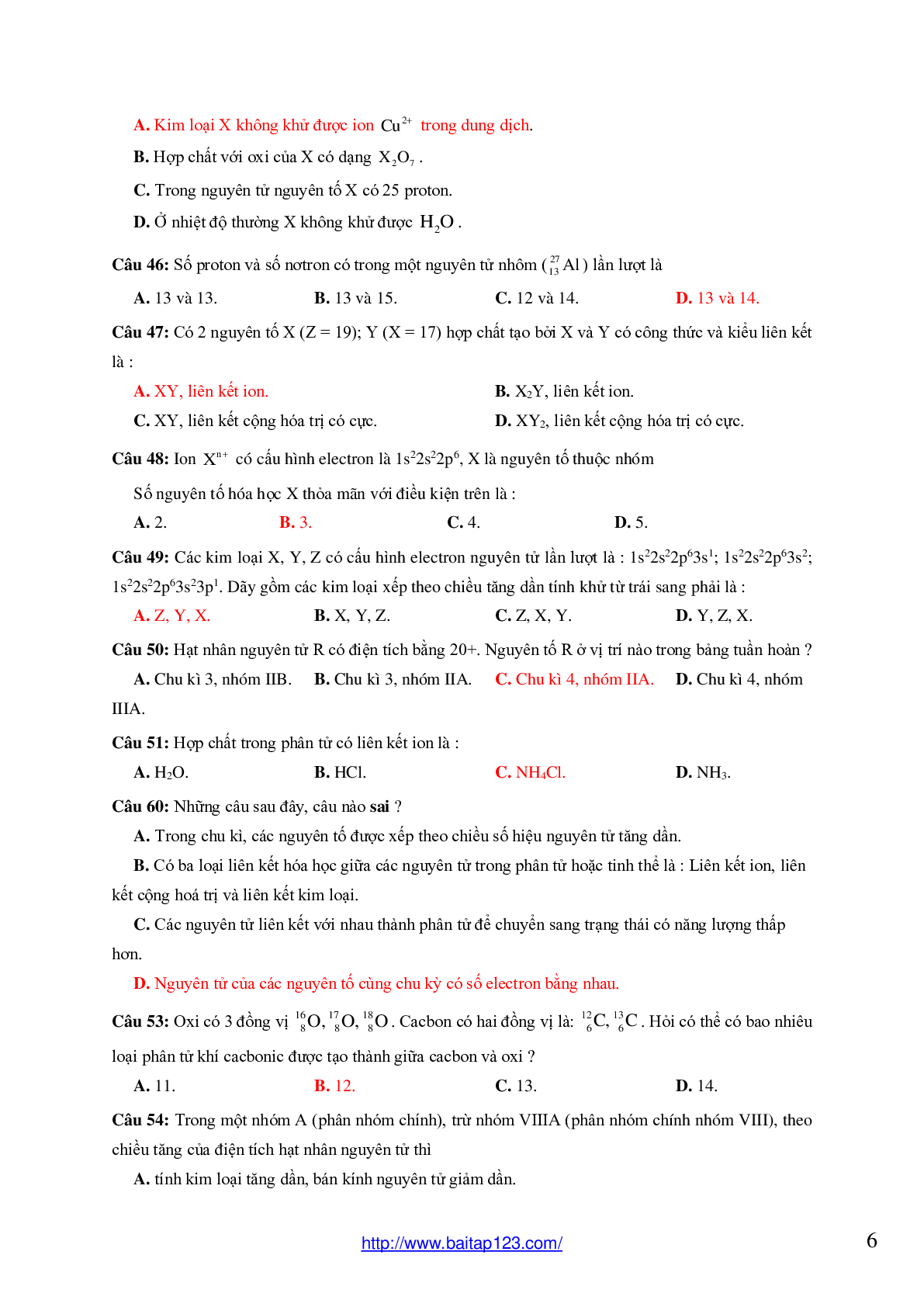 59 câu bài tập trắc nghiệm Nguyên tử - Bảng tuần hoàn - Liên kết hóa học có đáp án môn Hóa lớp 10 (trang 6)