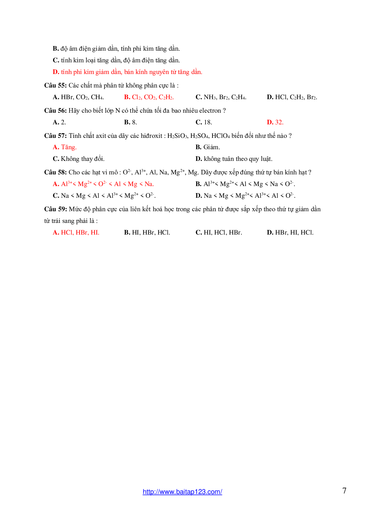 59 câu bài tập trắc nghiệm Nguyên tử - Bảng tuần hoàn - Liên kết hóa học có đáp án môn Hóa lớp 10 (trang 7)