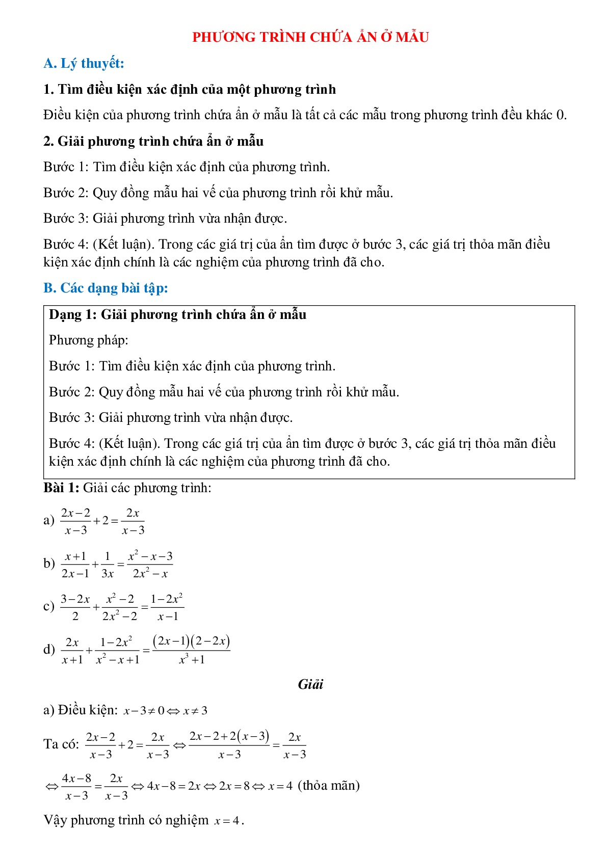 Hai dạng bài tập điển hình về Phương trình chứa ẩn ở mẫu có lời giải (trang 1)